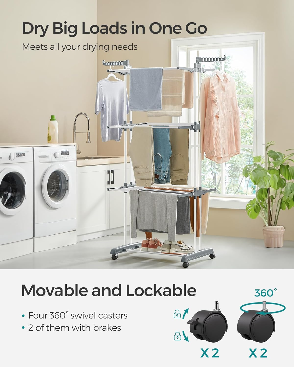 SONGMICS Clothes Drying Rack Stand 4-Tier, Foldable Laundry Drying Rack 67.7-Inch Tall, Stainless Steel, Rolling Clothes Horses Dryer Rack, Easy to Assemble, Indoor Outdoor Use, White ULLR701W01 image number 6