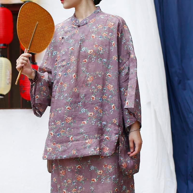 Women'S Vintage Chinese Style Linen Shirt Loose Fit Stand Collar Frog Button Top Blouse - Style C image number 4