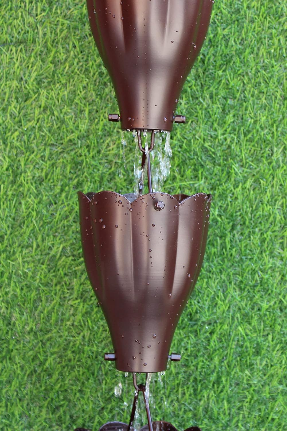 KAM Home XL Scallop Aluminium Cups Bronze Rain Chain (8.5Foot) with Brass Bolt Gutter Adapter for Rain Chain Installa, Standard image number 1