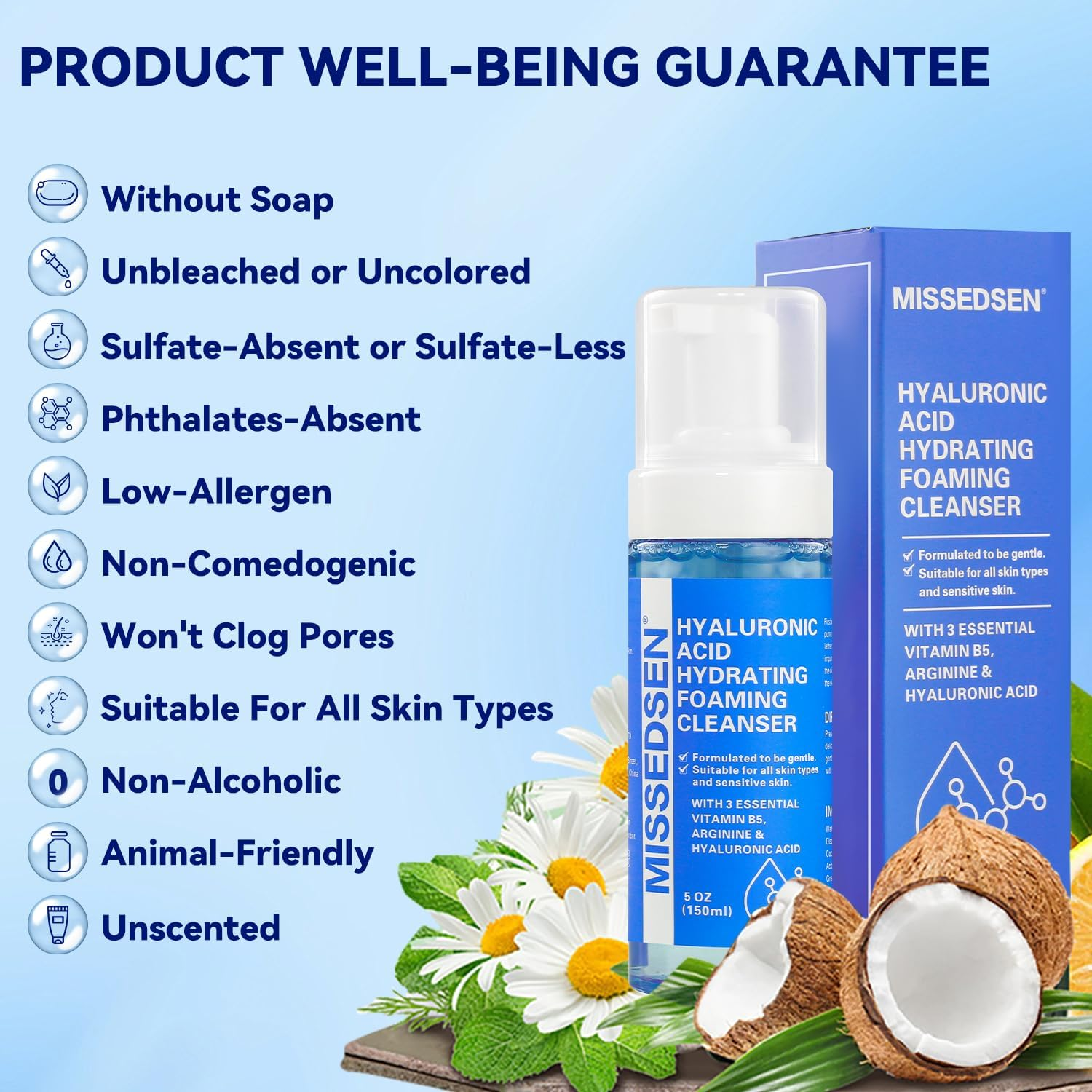 MISSEDSEN Face Wash, Hyaluronic Acid Foaming Cleanser for Oily and Sensitive Skin, Fragrance Free, 150Ml image number 6