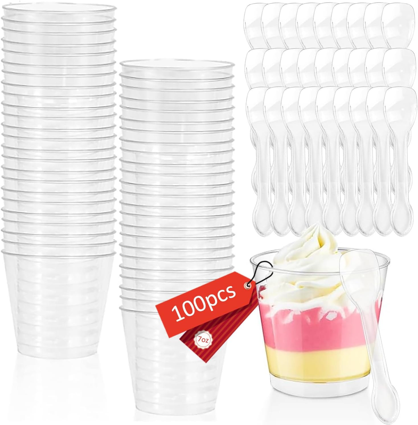 100 X 150Ml Dessert Cups with Lids & Spoons, Mini Clear Plastic Cups, Small Reusable Serving Bowl for Mousse, Pudding, Ice Cream, Desserts, Drinks, Etc. (5Oz-Lids-Spoons)