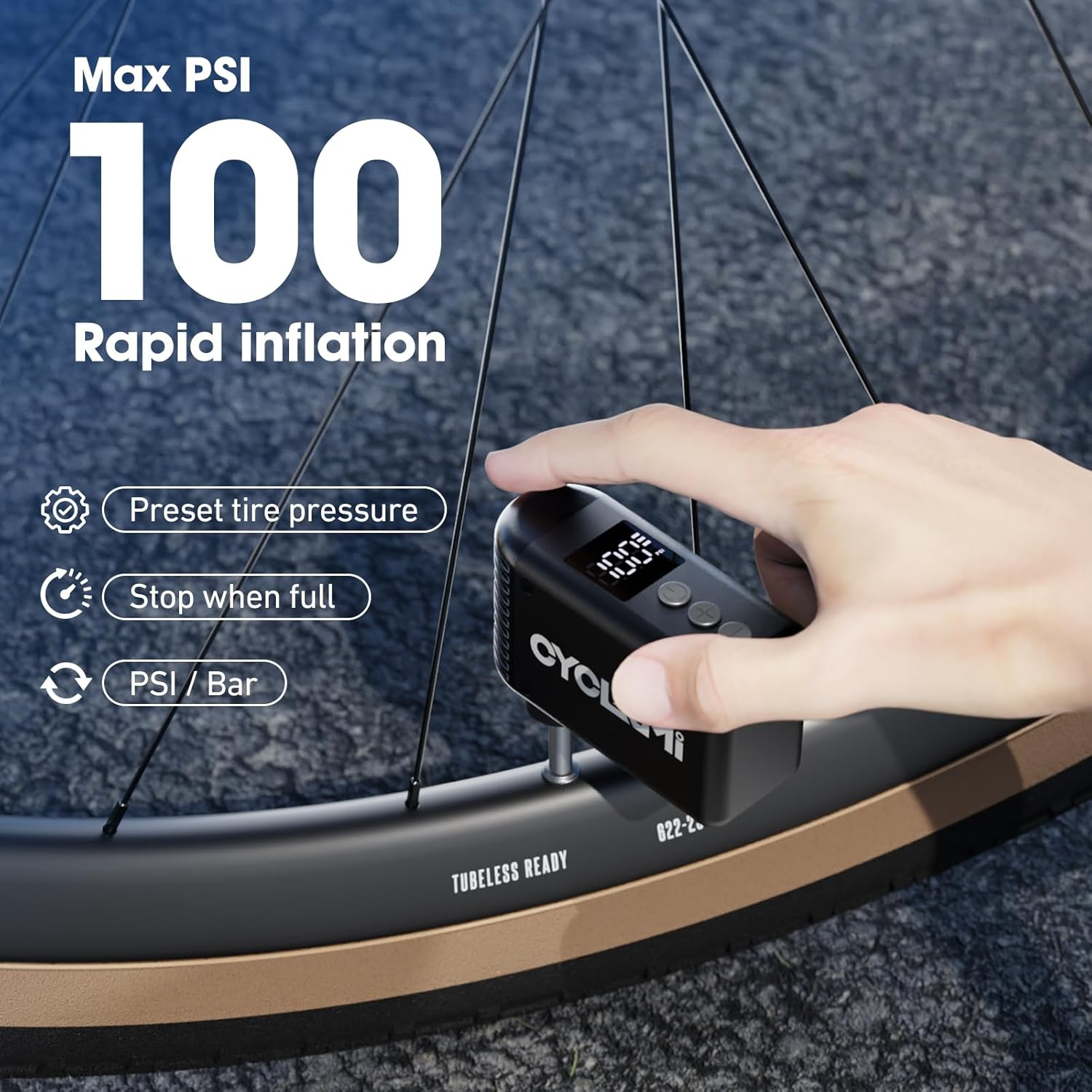 Electric Bike Pump, CYCLAMI Mini Bike Pump 100 PSI Electric Bicycle Air Pump with Digital Pressure Gauge Inflator Portable Air Compressor Presta/Schrader Valve image number 6