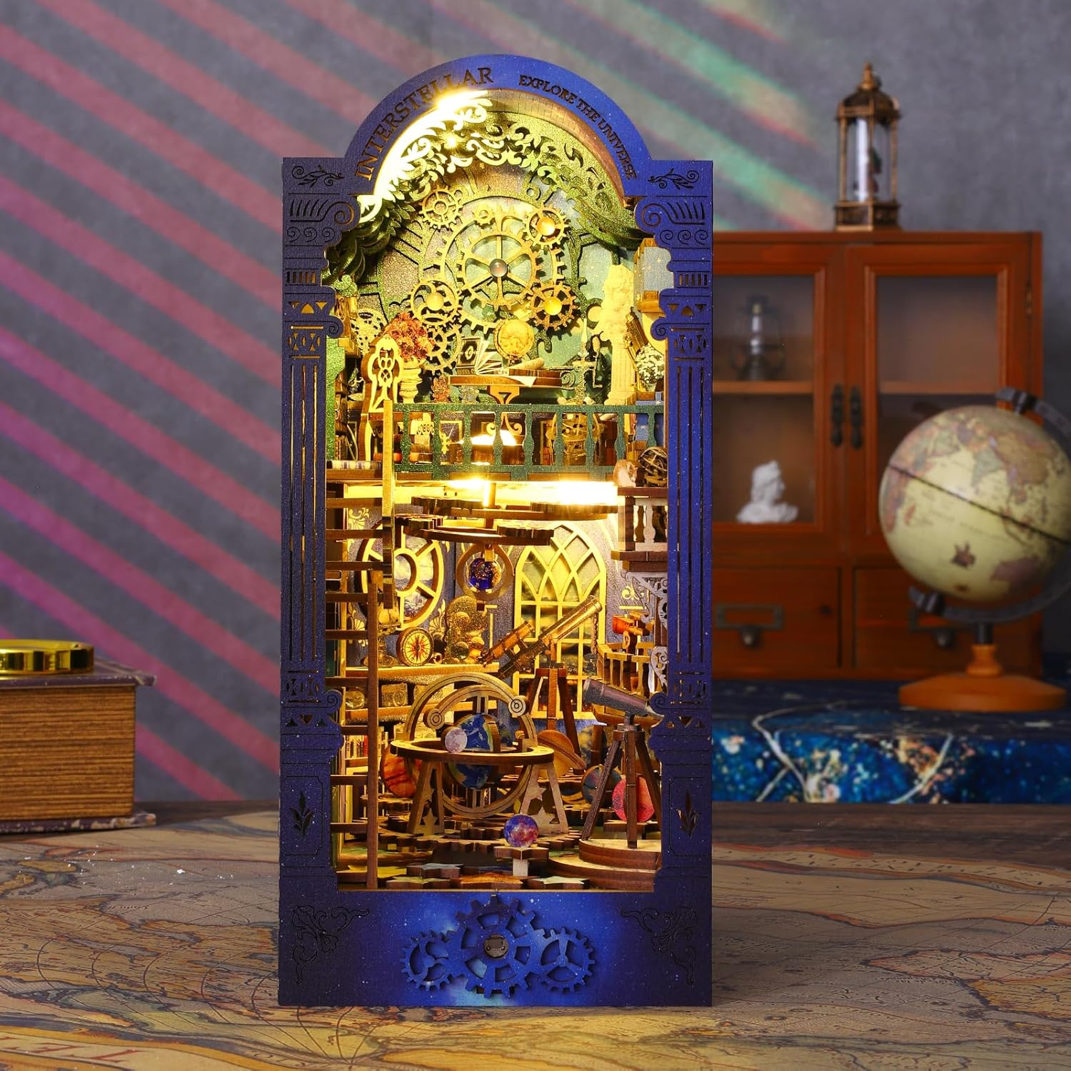 Cuteroom DIY Book Nook,Miniature Dollhouse Kit,Wooden Puzzle Booknook,Bookshelf,Bookends Model, 3D Buildkit with Music Box,Best Gifted for Family or Firend,Lover(Interstellar Exploration) - Create The World With Machinery image number 2