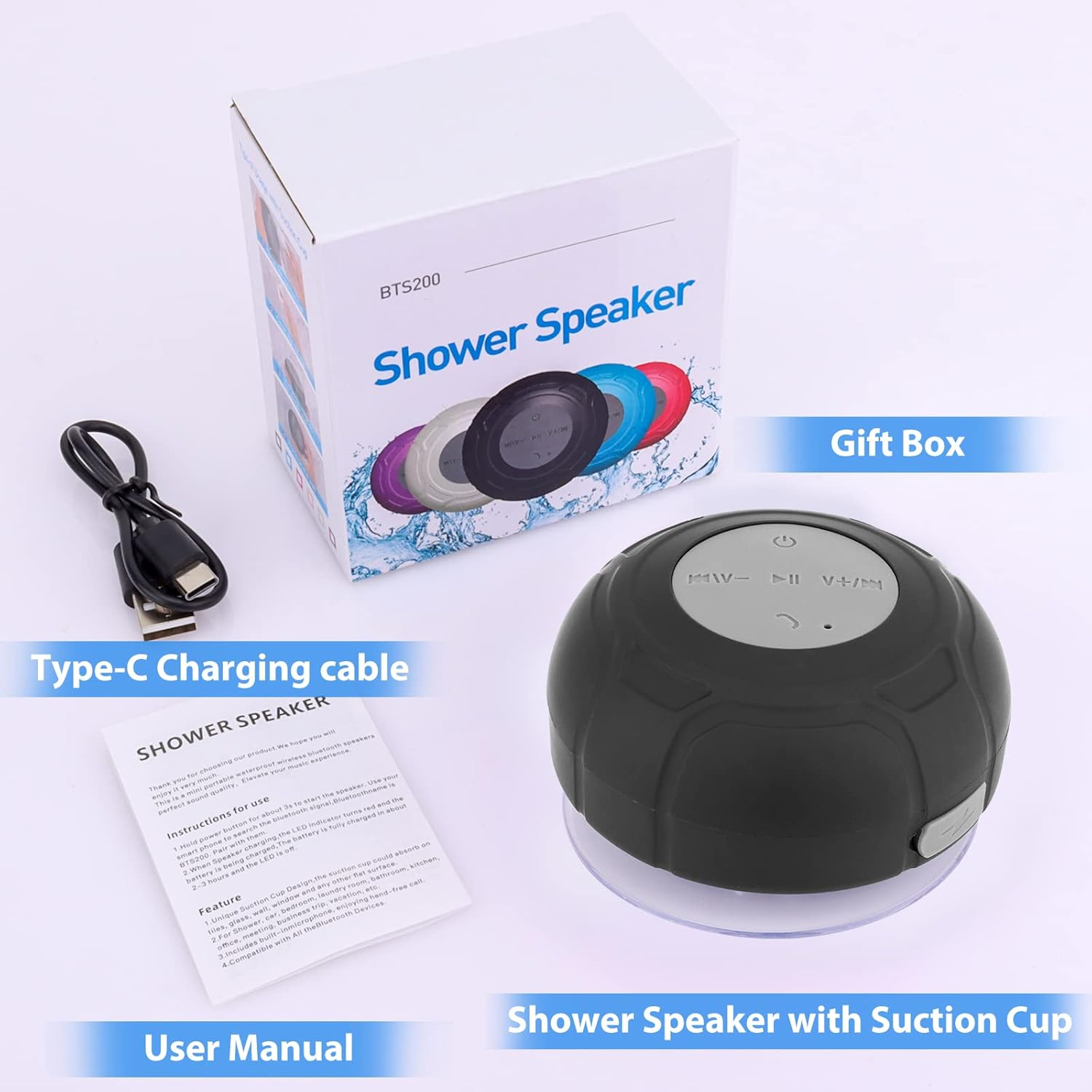 Annlend Waterproof Bluetooth Shower Speaker Portable Wireless Water-Resistant Speaker Suction Cup,Built-In Mic Gifts for Kids Speakerphone for Iphone Phone Tablet Bathroom Kitchen - Black - Black image number 3