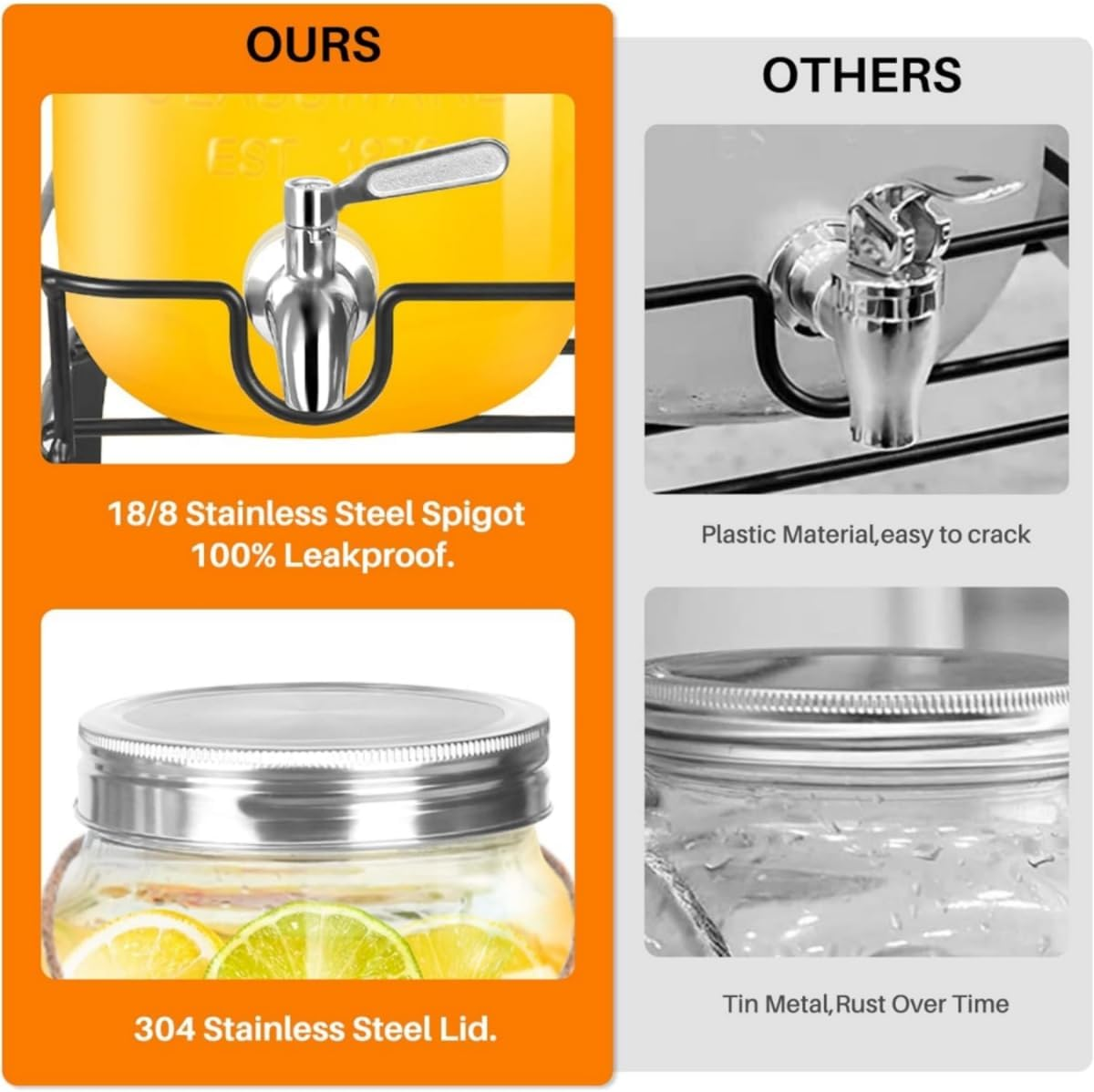 9SHOME 5L Glass Beverage Dispenser with Stand, Drink Dispenser with Stainless Steel Spigot, 1 Gallon Wide Mouth Mason Jar Container for Juice, Lemonade, Soda, Cocktail, Wine, with Fruit Infuser image number 2