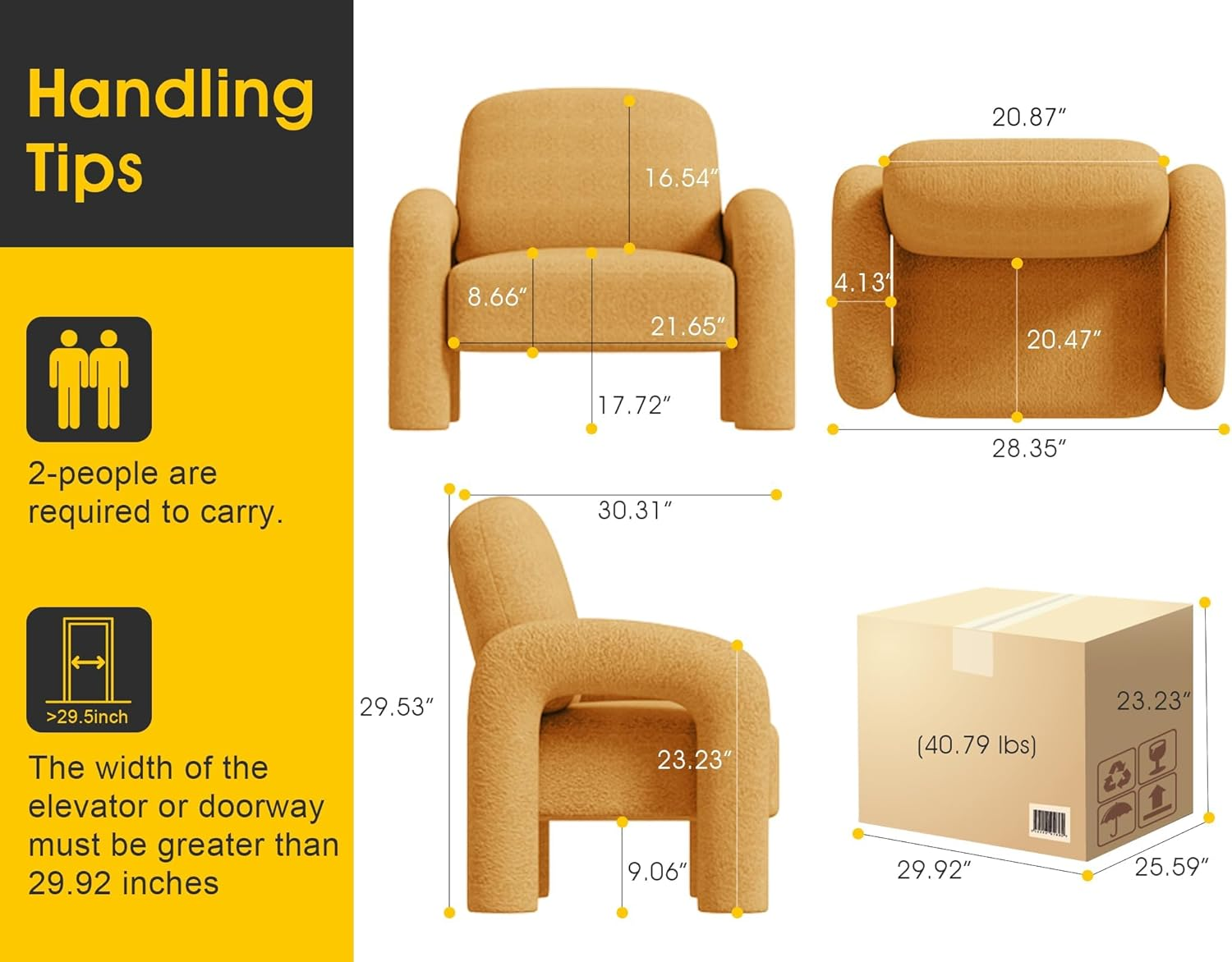 Modern Sherpa Accent Chair, Teddy Upholstered Arm Single Sofa, Cozy Fluffy Reading Chair for Living Room, Bedrooms, Corner (Yellow) - Orange image number 3
