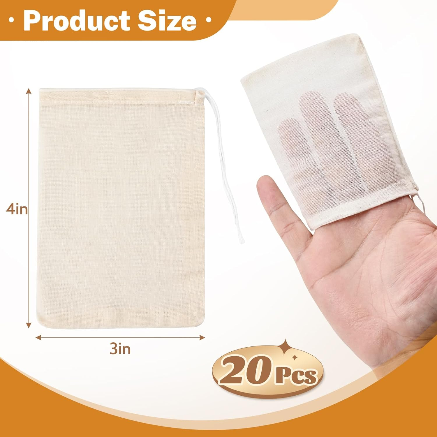 20 Pcs Muslin Bags with Drawstring, Reusable Tea Bags, Spice Bags for Cooking Soup/Herb/Loose Leaf Tea, Natural Cotton Small Cheese Cloth Bag for Straining, Sachet Bags Empty, 4 X 3 Inches image number 1