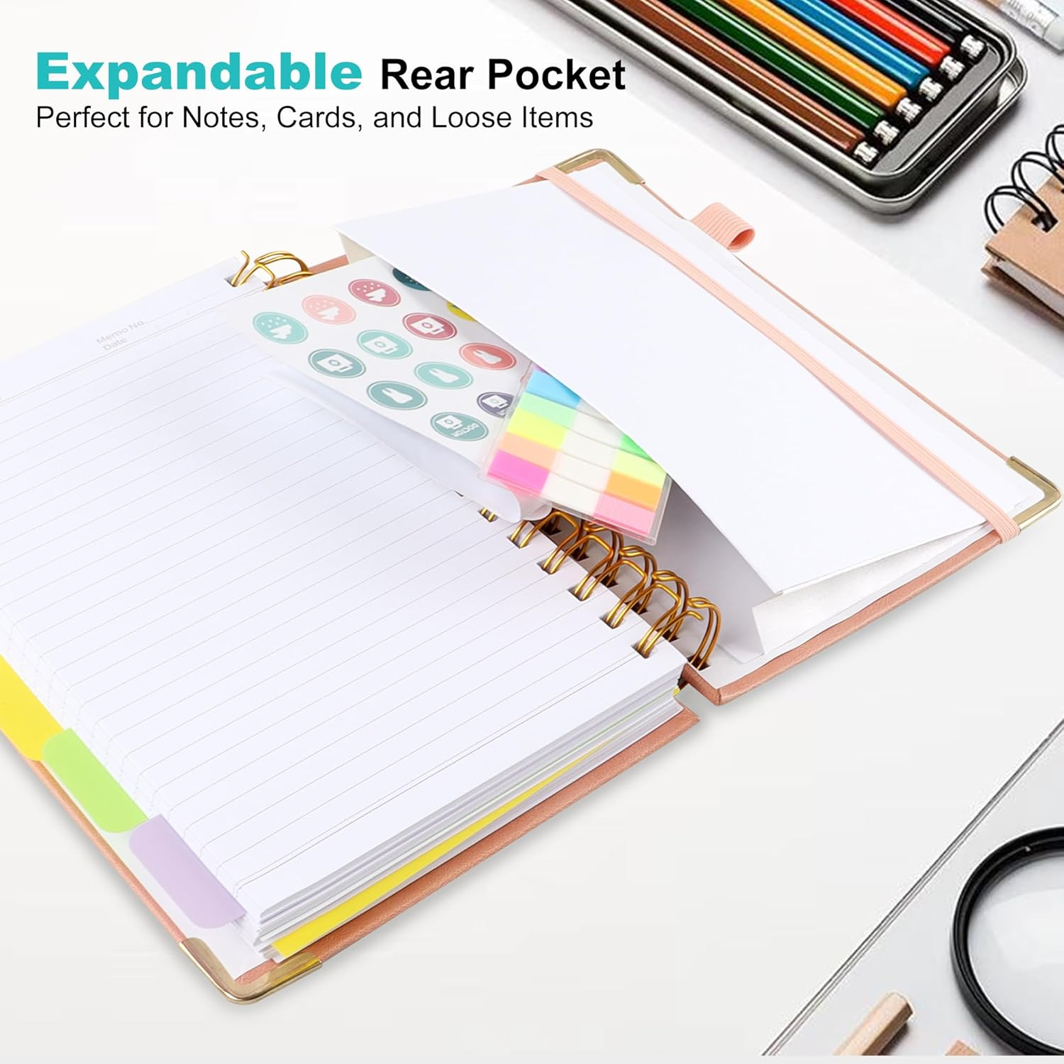 JUNART A5 Hardcover Spiral Notebook Journal with 5 Removable Subject Divider Tabs, 6.7"X8.6" Large 300 Pages College Ruled Notebook,180&deg; Flat Lay,100 GSM Thick Paper for Office, Home & School(Pink) image number 1