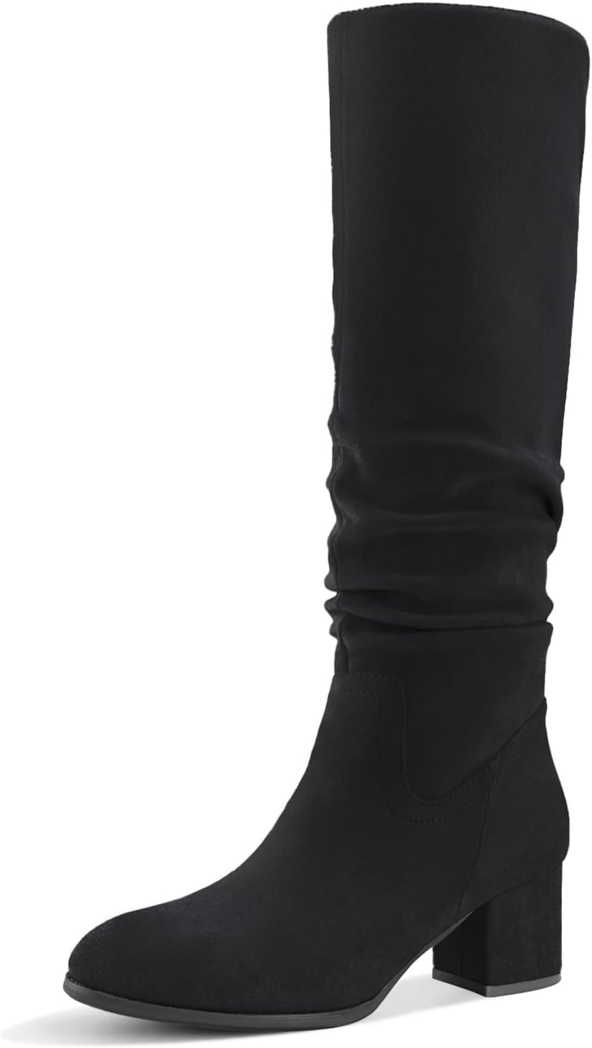 Shoe'N Tale Women'S Knee High Boots Chunky Heel Pointed Toe Suede Slouch Winter Shoes with Side Zipper