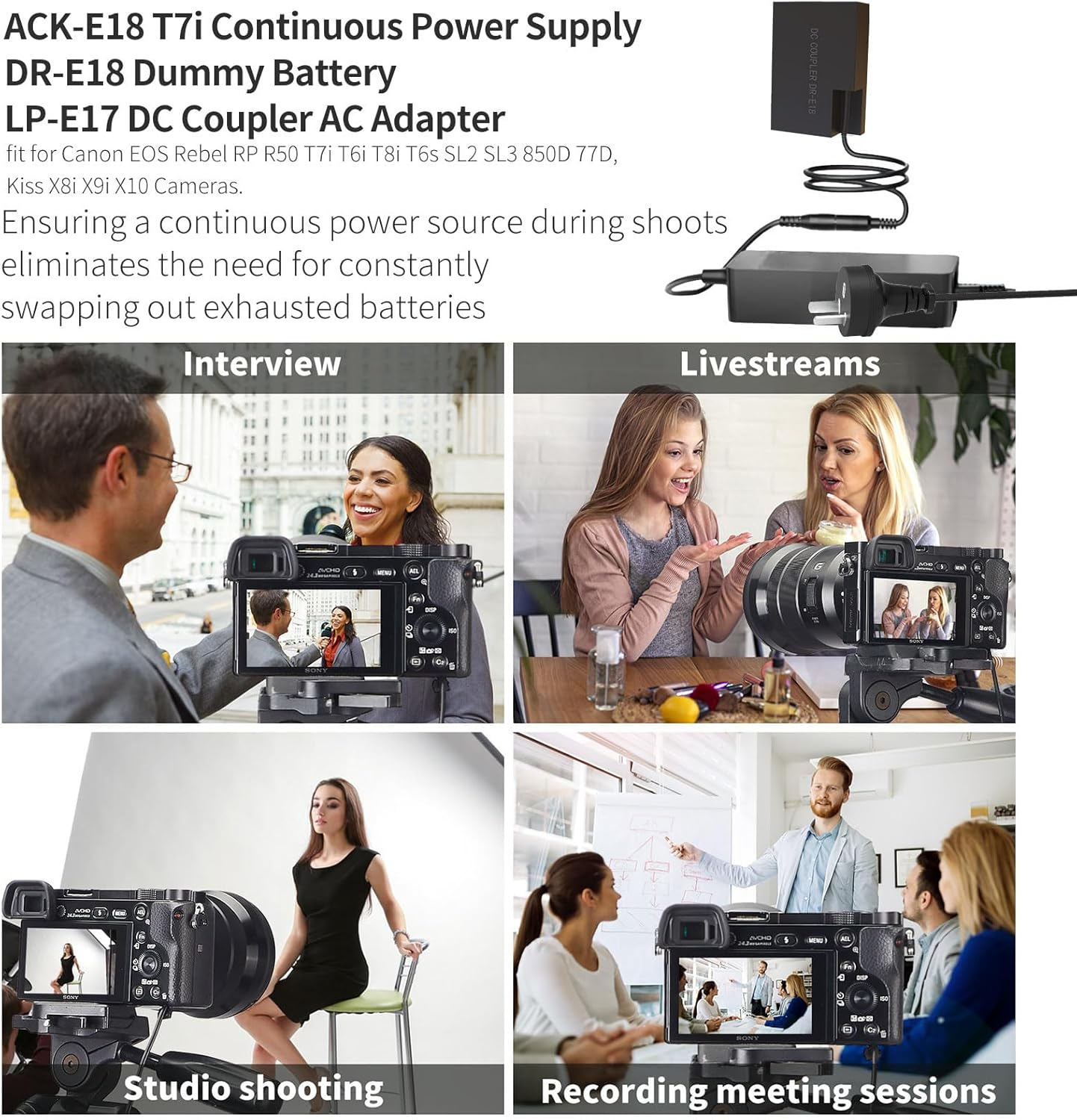 F1TP ACK-E18 AC Power Supply Adapter DR-E18 DC Coupler Kit for Canon EOS Rebel RP R10 R50 R100 T6I T6S T7I T8I SL2 SL3 77D 200D 250D 750D 760D 800D 850D Cameras. image number 5