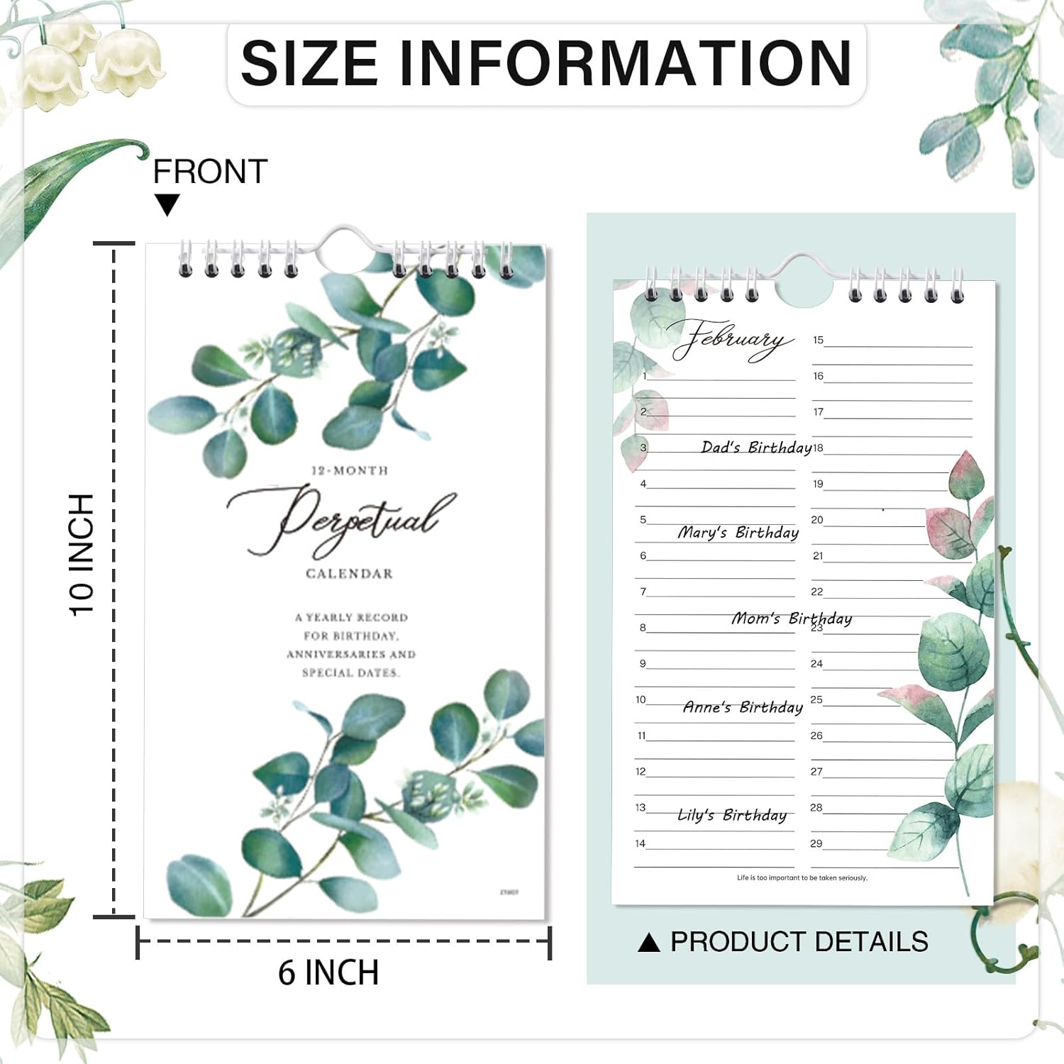 Perpetual Calendar - 12-Month Undated Calendar from Jan. to Dec., 6'' X10'' Perpetual Calendar with 2 Lines per Days, Reminding Anniversaries, Birthdays, Festivals, Birthday Reminder Book with Thick - Green Leaves image number 4