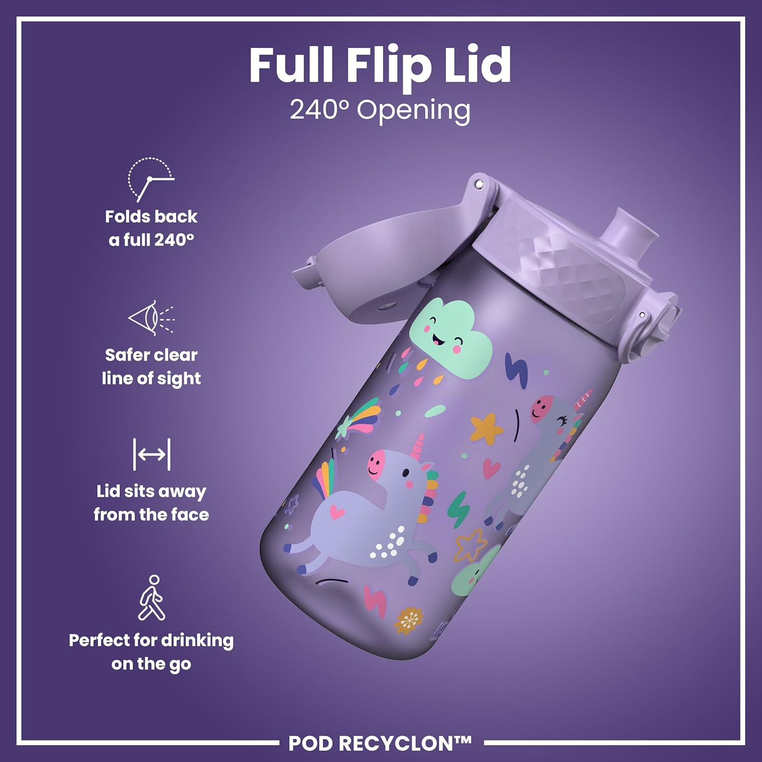 Ion8 Children'S Water Bottle, 350 Ml, Leak-Proof, One-Handed Opening, Secure Locking, Dishwasher Safe, Bpa-Free, Carry Handle, Folding Lid, Easy to Clean, Climate Neutral, Light Purple Unicorns image number 5