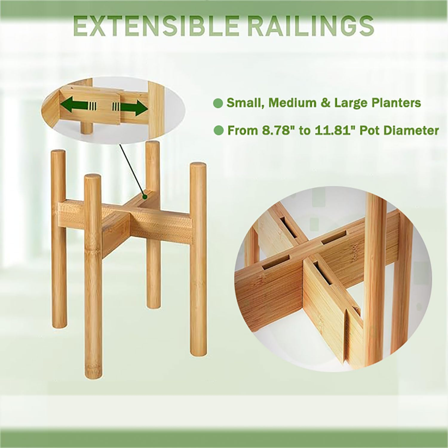 Adjustable Indoor Plant Stand, Small Corner Bamboo Wooden Planter Stand, Single Floor Planter Holder, Mid Century Modern Plant Shelf for Living Room Balcony Bedroom, Fits 8-11In Flower Potts image number 5