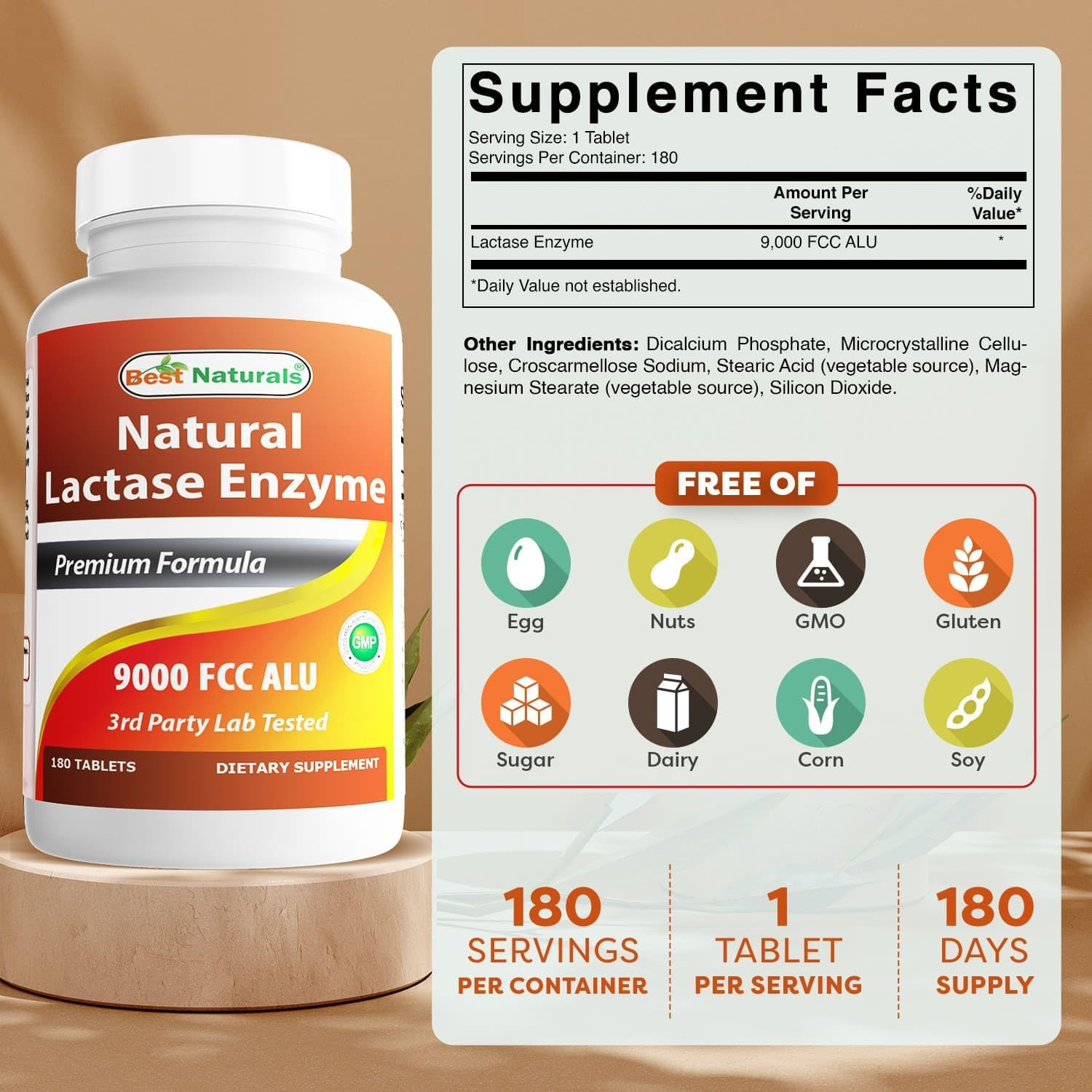 Best Naturals Lactase Enzyme 9000 FCC ALU 180 Tablets. image number 3