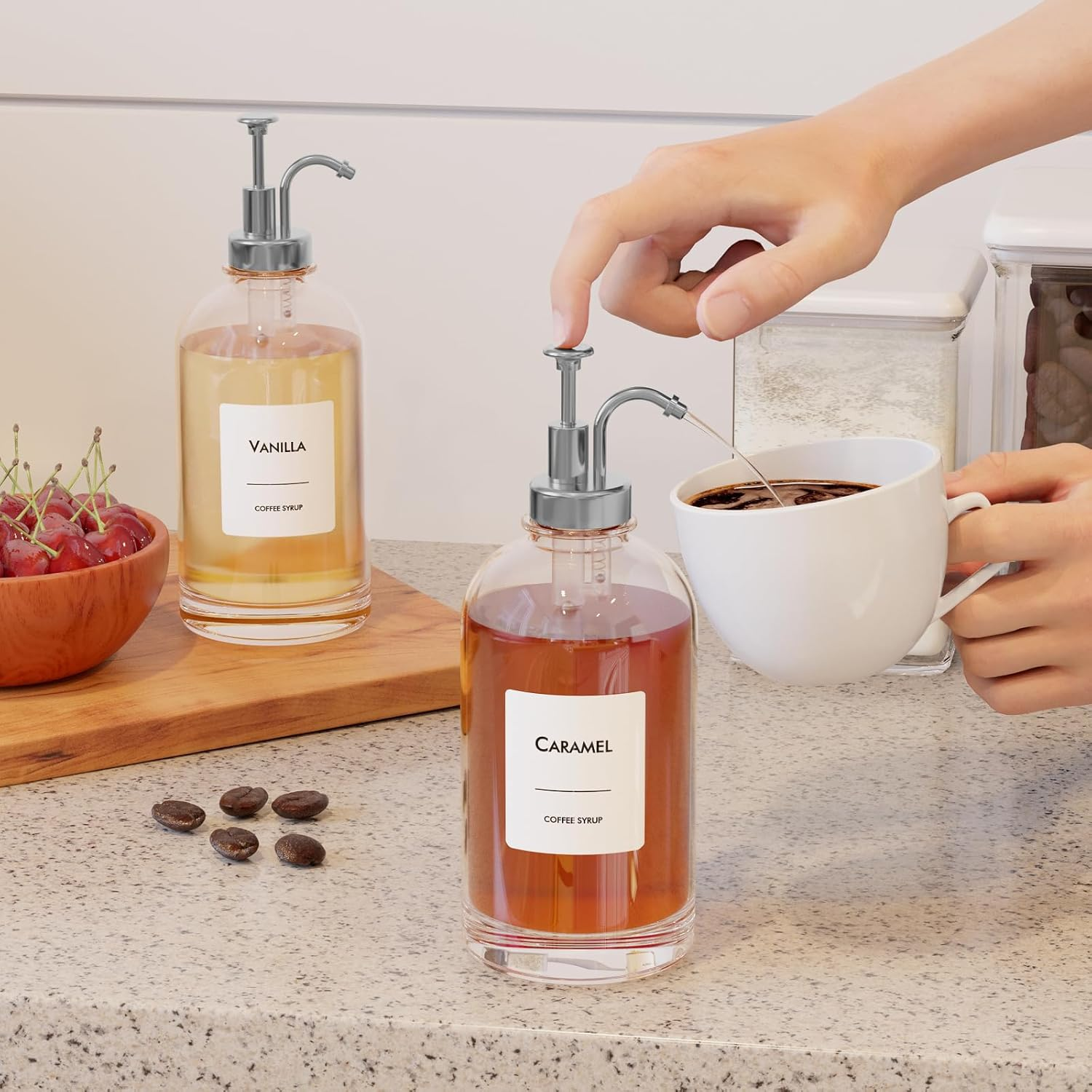 Syrup Dispenser, Coffee Syrup Dispenser Set - Glass Syrup Bottle with Pump for Coffee Bar - 16.9 Oz 500 Ml - Set of 2, Gold image number 5