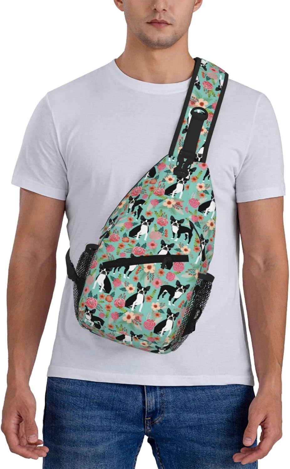 Cozimangoe Sling Bag for Woman and Man Reversible Shoulder Strap Crossbody Backpack Travel Hiking Biking Climbing Outdoors, Personalized Patterns, Boston Terrier with Flowers image number 1