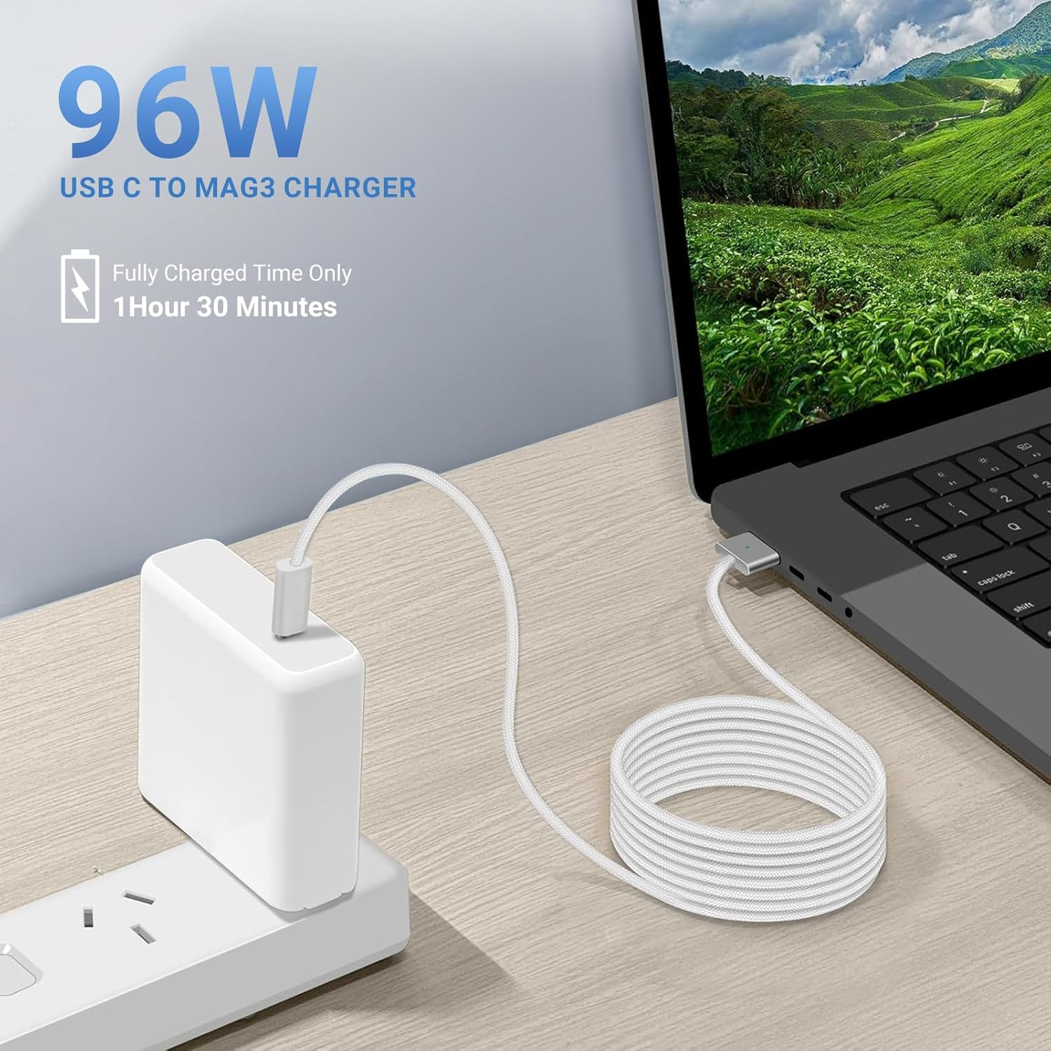 Ixtra Mac Charger for 2022 2023 2024 Macbook Air 13 15 Inch M3 M2 M1, Macbook Pro 14 Inch 2021 2023 2024 M4 M3 Pro/Max, 96W USB C Power Adapter, USB C to Magnetic 3 Braided Cable Original Quality image number 2