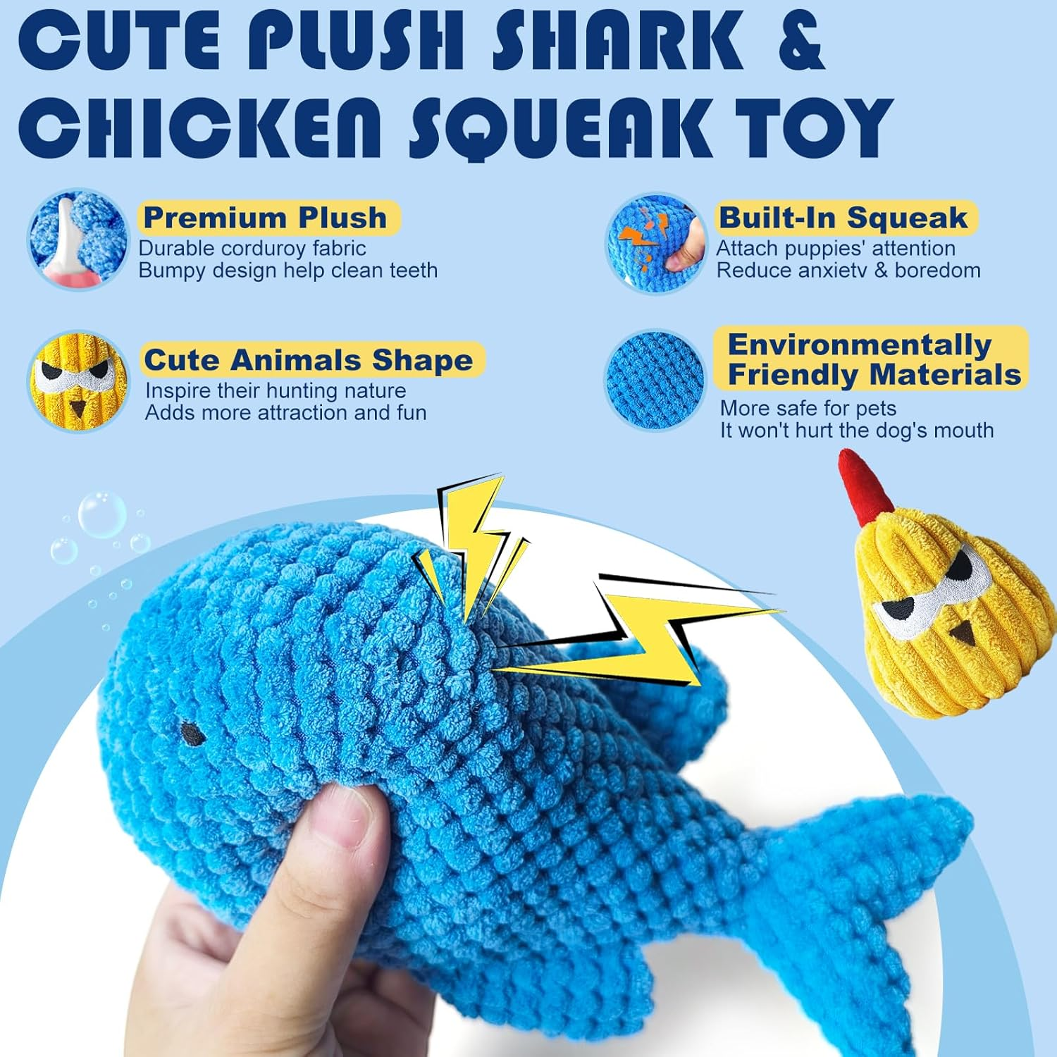 2PCS Dog Chew Toys for Puppy Teething Training, Interactive Squeaky Plush Toys for Small Dogs, Shark & Chicken Shapes for Dental Cleaning/Soothing Gums/Play Training