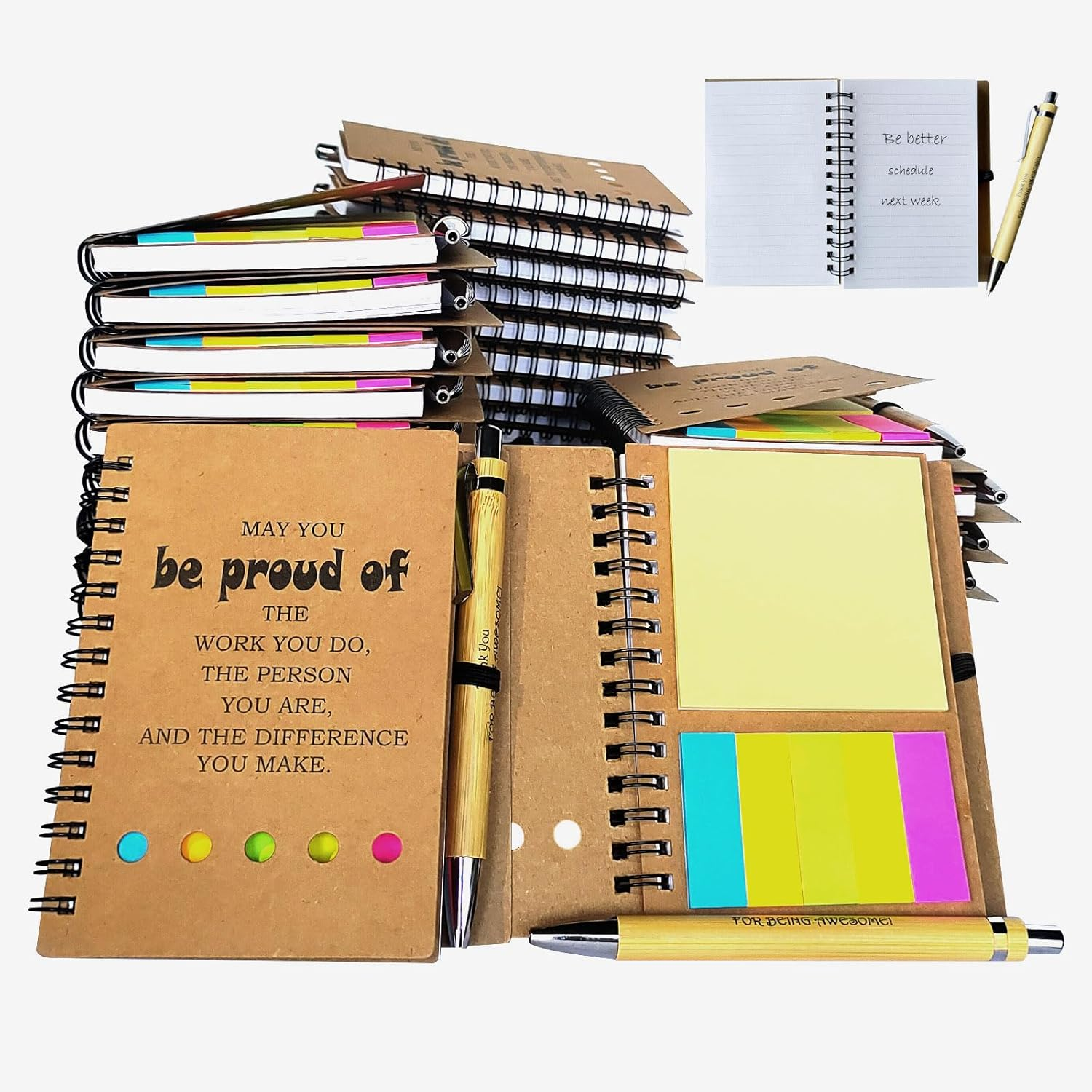 4 Sets Employee Appreciation Lnspirational Spiral Journal with Sticky Note Notepad Motivational Bamboo Ballpoint Pen Bulk for Nurse Teacher Student Coworker Thank You Present