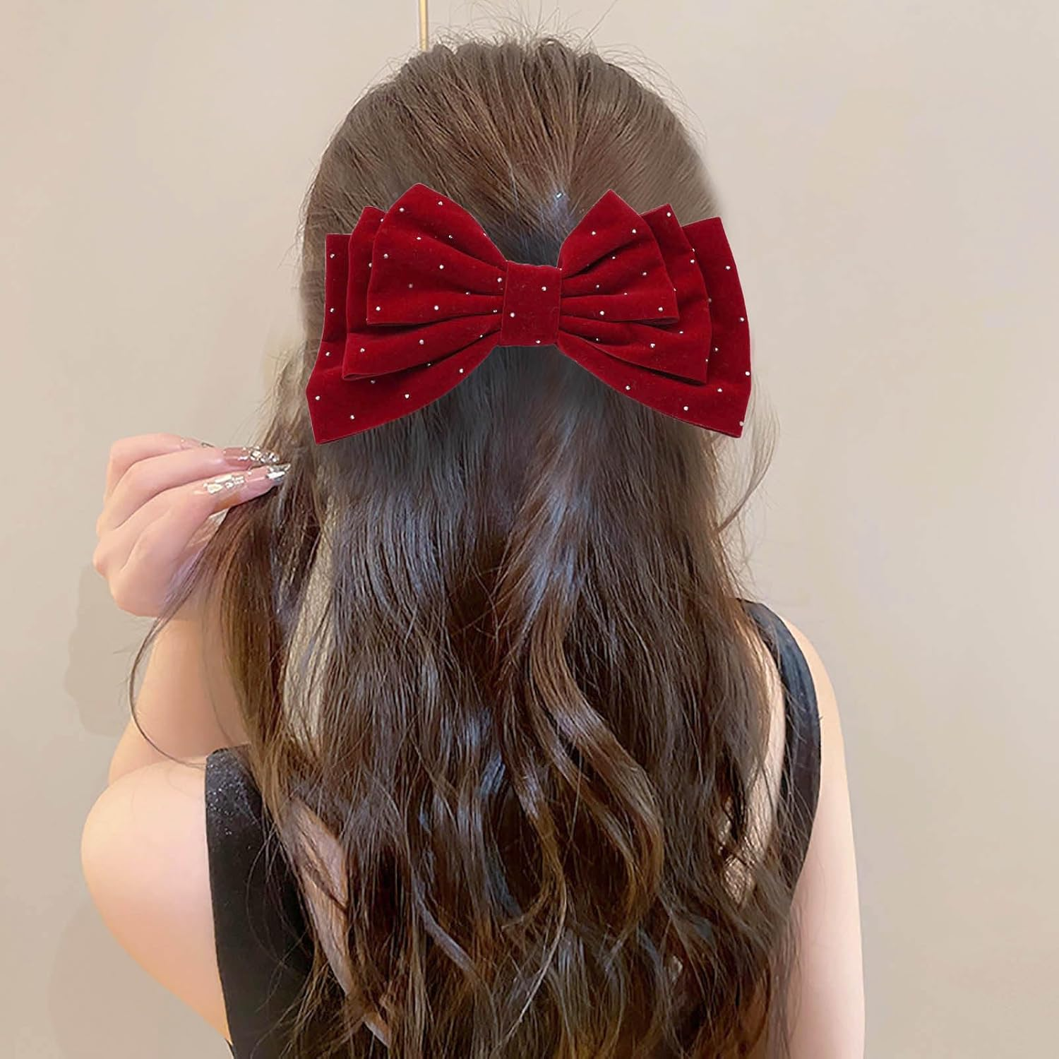 Large Hair Bows for Women Glitter Bow Hair Clips Velvet Bow Clips Cute Hair Bow Clips French Bow Crystal Bows Party Wedding Barrette Bowknot Hair Accessories Red image number 4