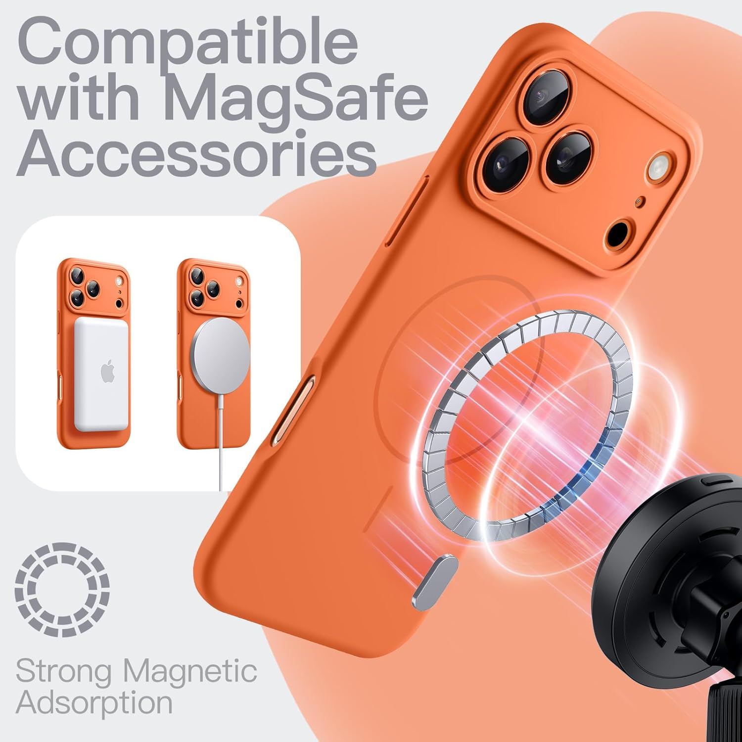 Jetech Magnetic Silicone Case for Iphone 17 Pro 6.3-Inch, Compatible with Magsafe, Silky Soft Touch, Shock Absorbing Phone Cover with Camera Lens Protection (Orange)