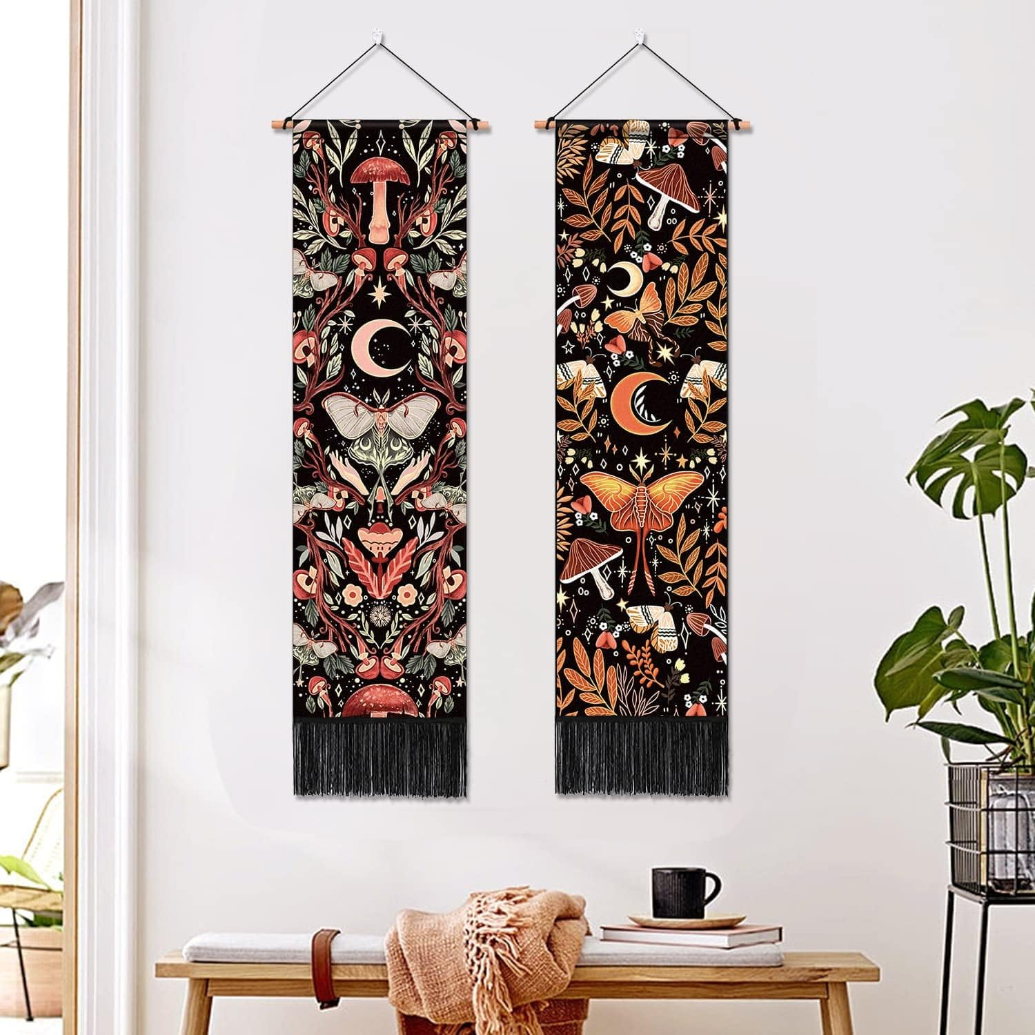 ARTCREATOR Pack of 2 Mushroom Wall Hanging Decor, Hippie Room Botanical Vertical Wall Decor Moon Plant Tapestry Mystical Moth Bohemian for Room(12.8 X 51.2 Inches) Red and Yellow image number 1