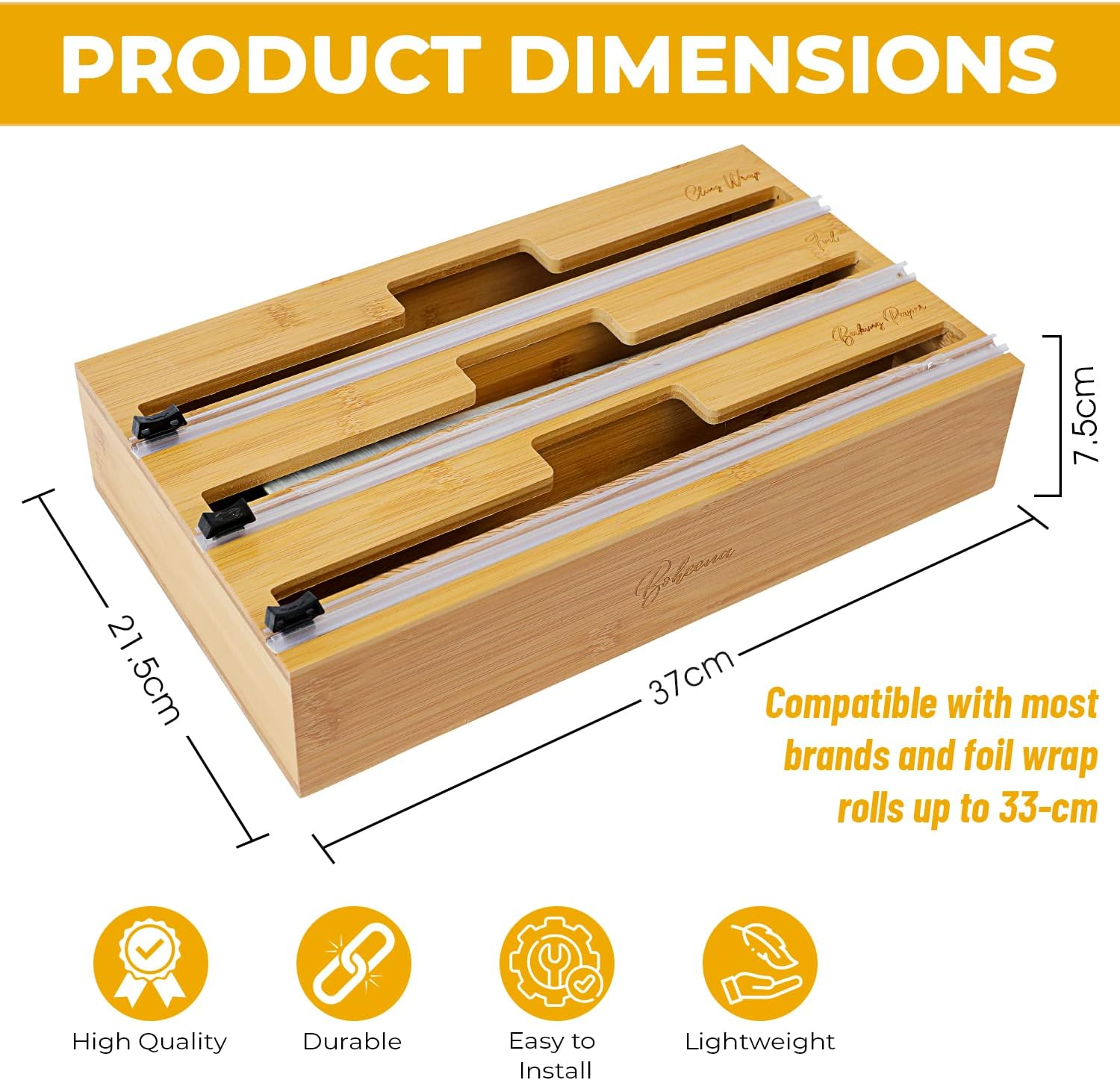 Bamboo Cling Wrap Dispenser with Cutter 33Cm | 3-In-1 Foil and Wrap Organiser for Kitchen Drawer | Glad Wrap and Foil Storage Solution| Australian Sizes|