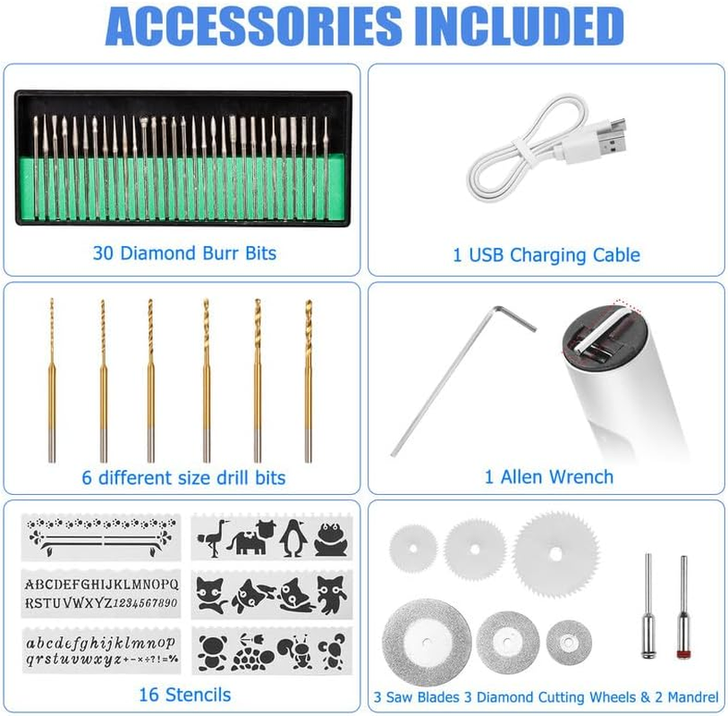 Uolor USB Rechargable Engraving Pen with 42 Bits, Mini Electric DIY Engraver Cordless Rotary Tools Portable Engraving Tool for Jewelry Wood Metal Stone Plastic Glass Etching image number 5