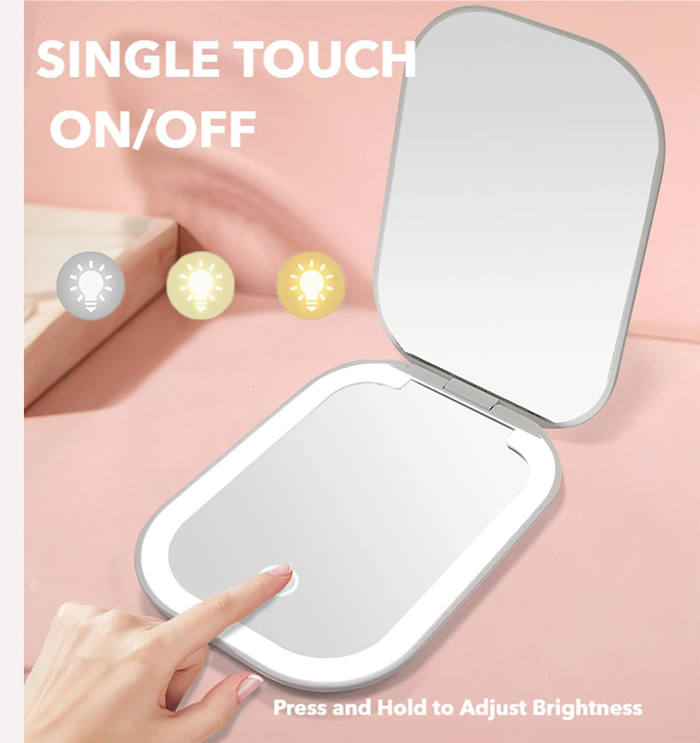 ECOMUSE Travel Mirror with Light and Magnification 1X/2X,Compact Mirror with 3 Color Lights,Touch Sensor Dimming,Rechargeable Portable Mirror for Purse,2-Sided, Handheld, Folding, White image number 5