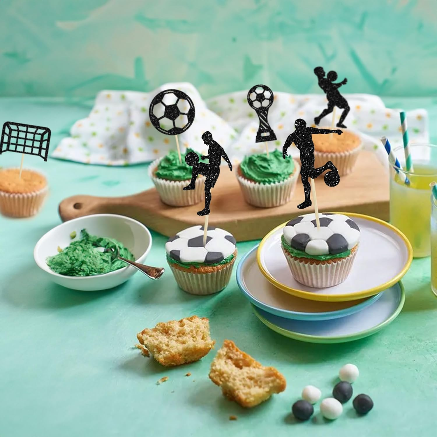 24Pcs Soccer Cupcake Toppers Glitter Soccer Ball Cupcake Picks Sport Cake Decorations Football Theme Birthday Party Baby Shower Kids Boys Men Birthday Party Favors Supplies Black - Black image number 4