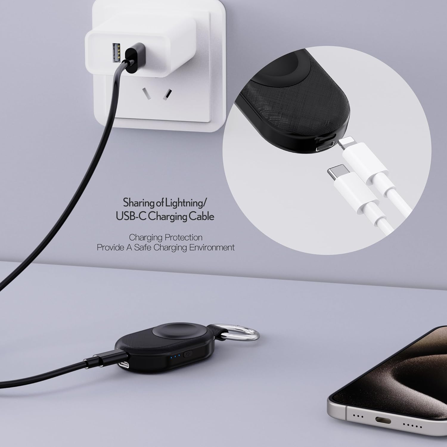 PZOZ Portable Apple Watch Charger, 2000Mah 5W Wireless Power Bank Fast Charging for Apple Watch Series 11 10 9 Ultra 8 7 6 5 4 3 2 SE Travel Mini Powerbank with Keychain (USB C+Lightning) (Black) image number 5