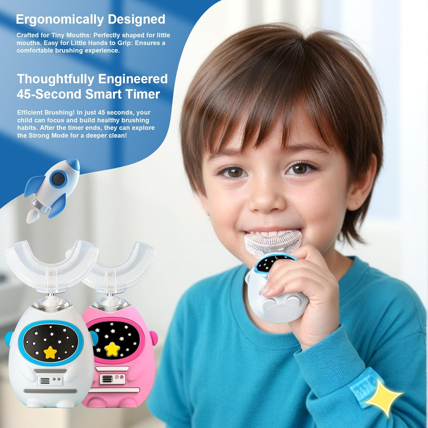 Fanhwadaimung Kids U Shaped Electric Toothbrush with Music, 360&deg; Deep Cleaning, 3 Modes, Voice Teaching, 45S Smart Timer, Type-C Charging, Waterproof Astronaut Design, for Ages 3-12 (Heroic White) image number 6