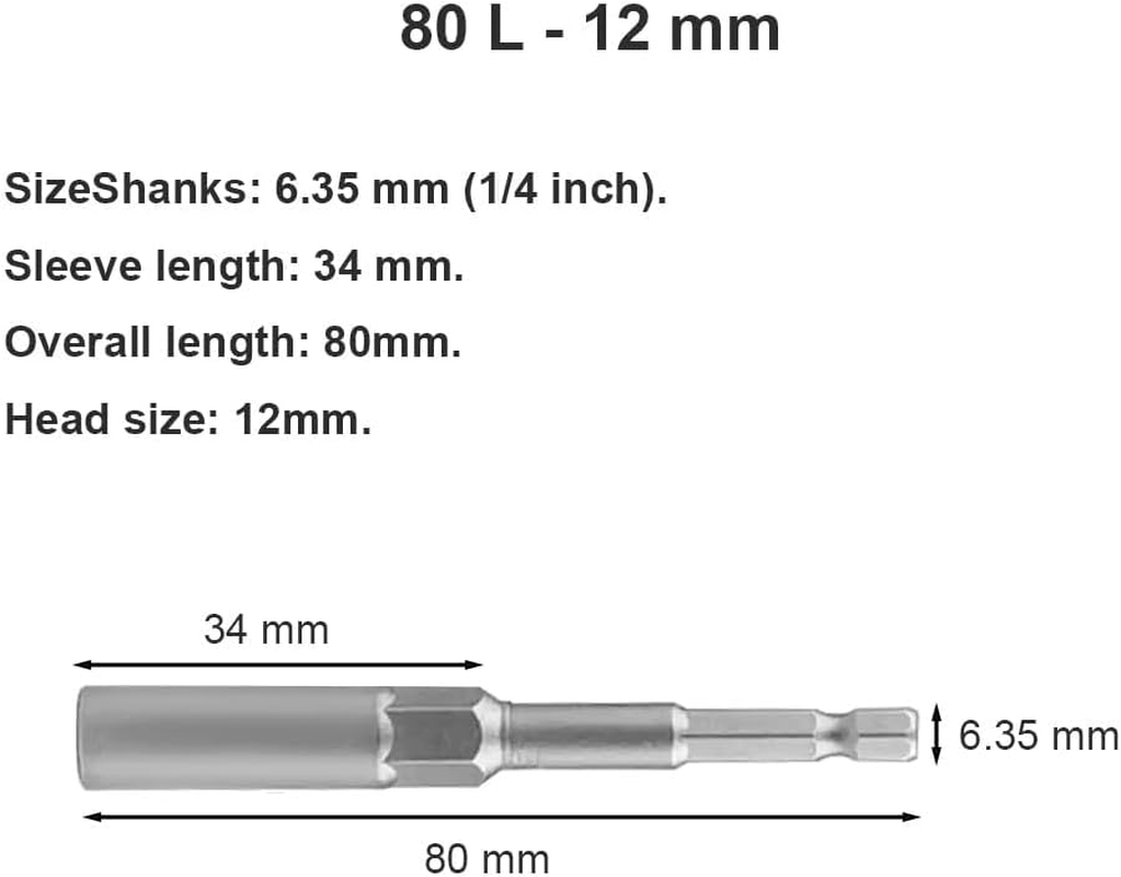 12Mm Screwdriver Nut Driver Bit 1/4" Hex Shank 80Mm Nut Driver Bit, Quick Change Impact Nuts Driver Adapter Drill Bits (12X80Mm)