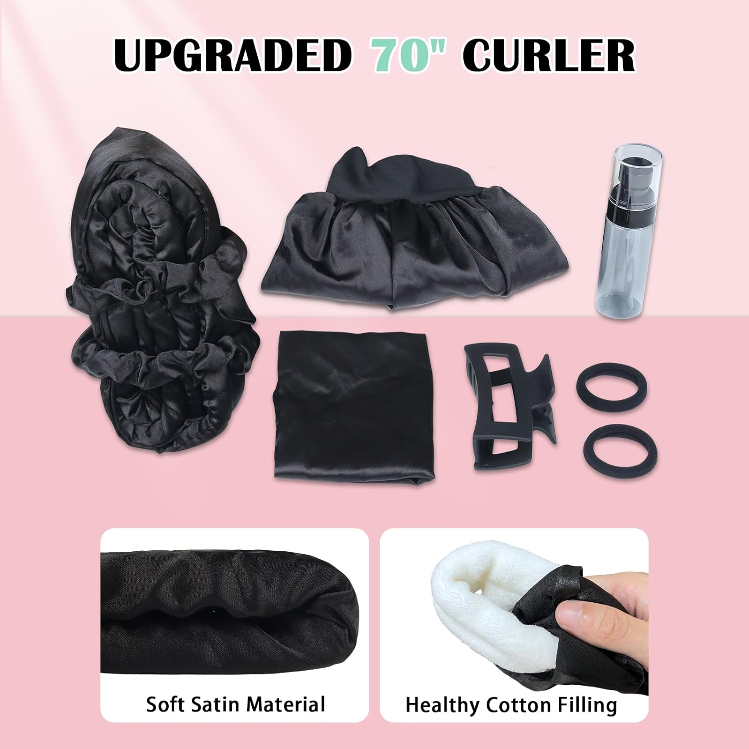 Gwabee Heatless Curls Overnight Hair Curlers to Sleep in Satin Hair Curler Rollers No Heat Hair Wrap for Curls Headband, 70" Satin Heatless Curling Rod Set for Women Long Waves Hair Volume -Black 9PCS - 9 Pcs image number 5