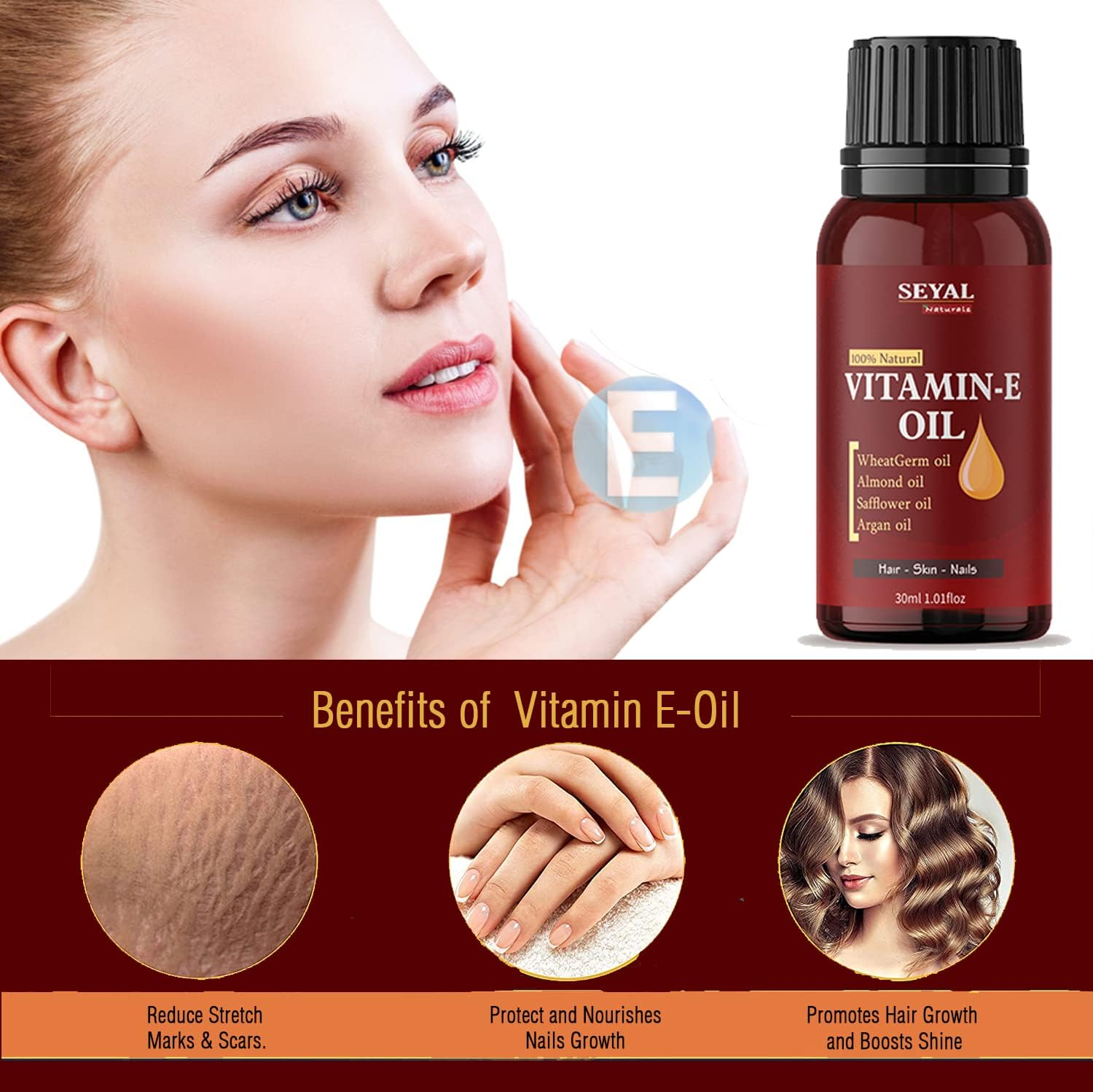 Seyal Vitamin E Oil for Face , Nails & Hair, 100% Natural Plant-Based Therapeutic Grade Organic Hexane-Free 30Ml image number 1