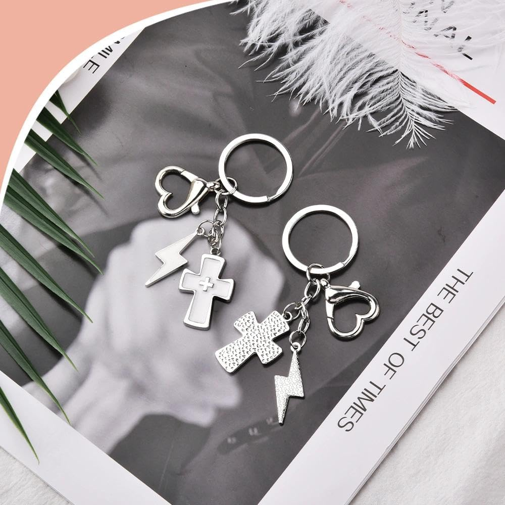 2PCS Y2K Cross Keychain for Women Punk Matching BFF Bag Charm Pink White Cross with Lightning Bolt Charms Car Keys Key Chain for Best Friends Sister Boyfriend Girlfriend