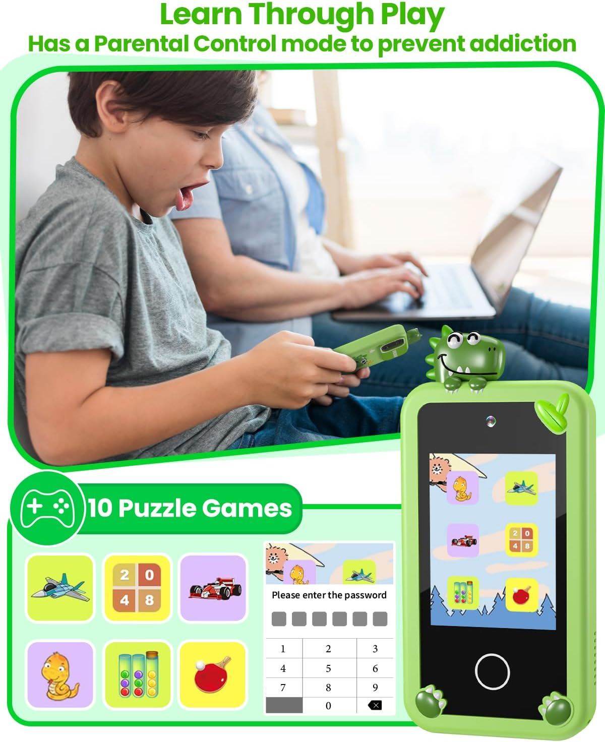 Kids Smart Phone for Boys with 32G Card & Holographic Pyramid, Christmas Birthday Gifts for Age 3-10 Kids Toys Cell Phone, 2.8"Touchscreen Toddler Learning Toy, Dual Lens, Music Player(Green Dinosaur) image number 1