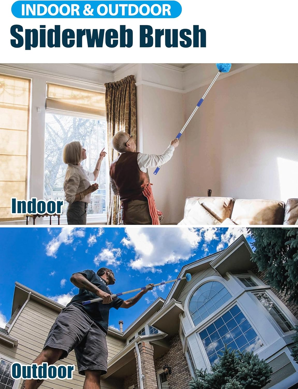 Cobweb Duster with Extension Pole, 10 Ft Spider Web Brush for Outdoor House Cleaning, Cob Web Remover for High Ceilings Fans, Medium-Stiff Bristles Head, Adjustable Long Handle, Lightweight Cleaner