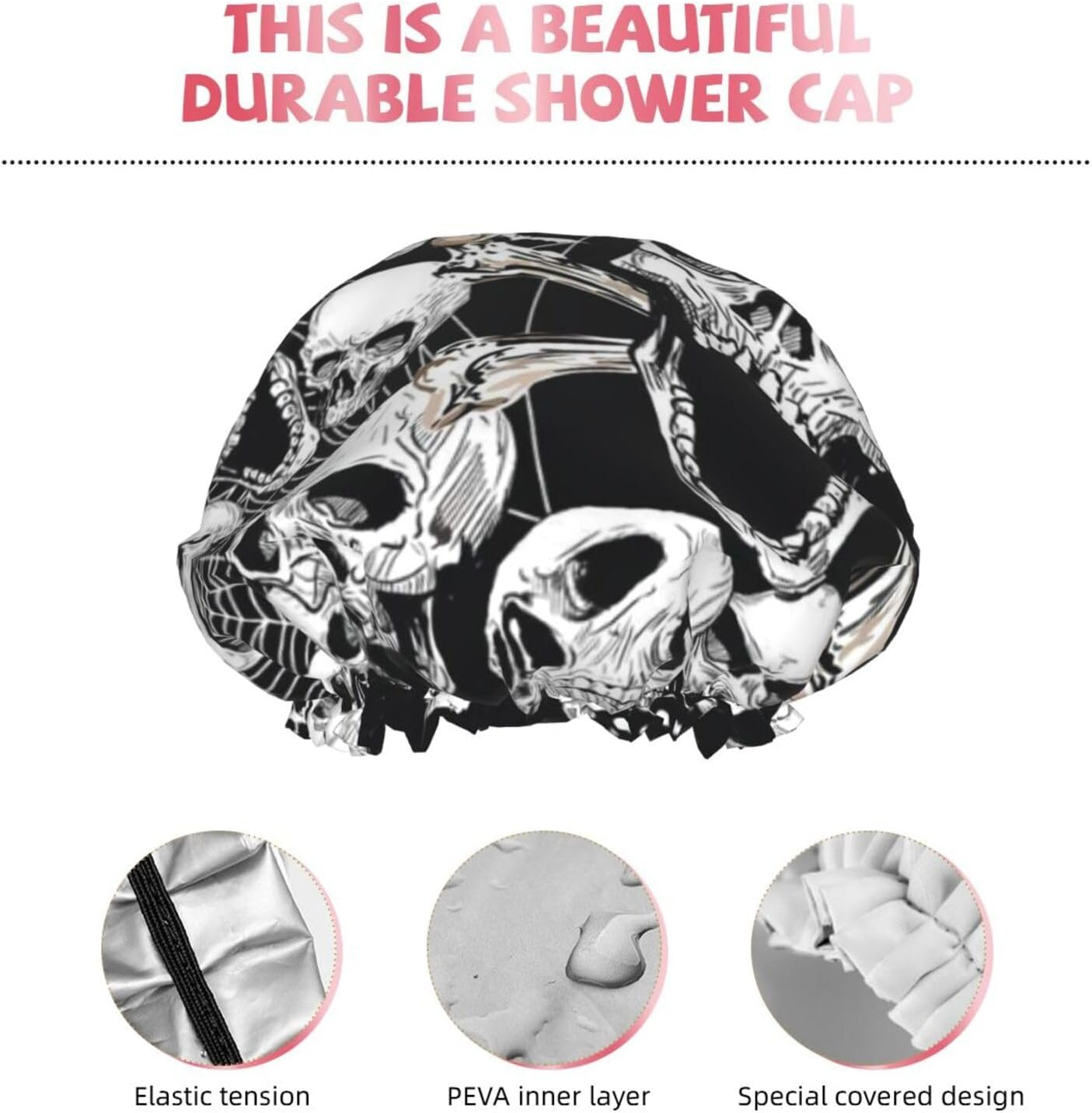 Wurton Skull Background Print Reusable Enviro-Care Shower Cap Soft for Women Double Waterproof Layers Showe Cap image number 6