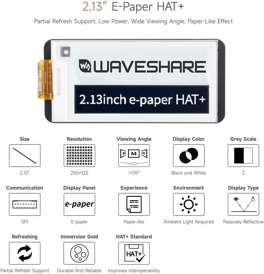 Waveshare 2.13Inch E-Paper,For Raspberry Pi 5/4B/3B+/3B and Raspberry Pi Zero W/2W Series Boards,Pwnagotchi Screen/E-Ink Screen for Pwnagotchi Kit,Spi Interface, HAT+ Standard
