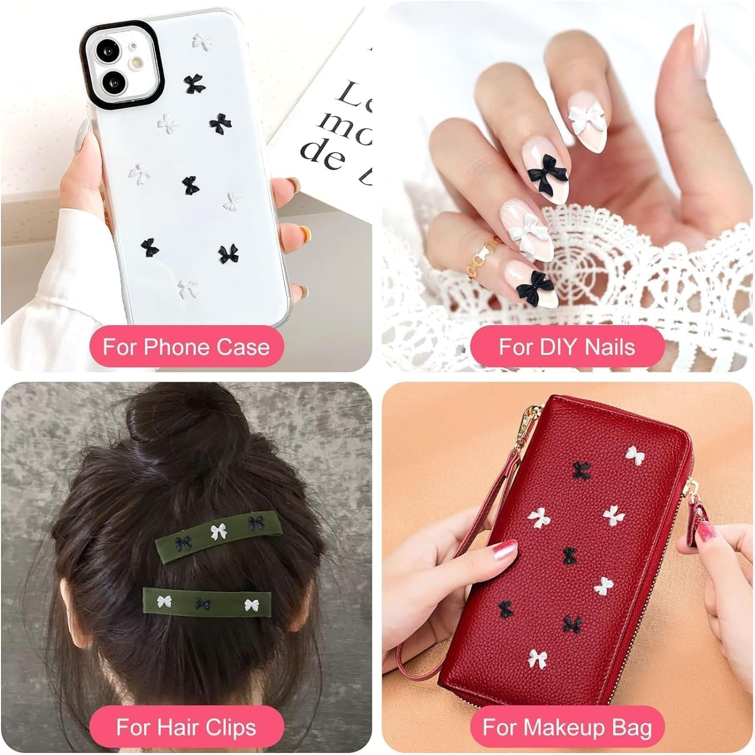 200Pcs 3D Colorful Aurora Bow Nail Art Decoration, Bow Nail Charms Nail Multi-Shape Charms Pendant Pearls Art Accessories(Black White) image number 3