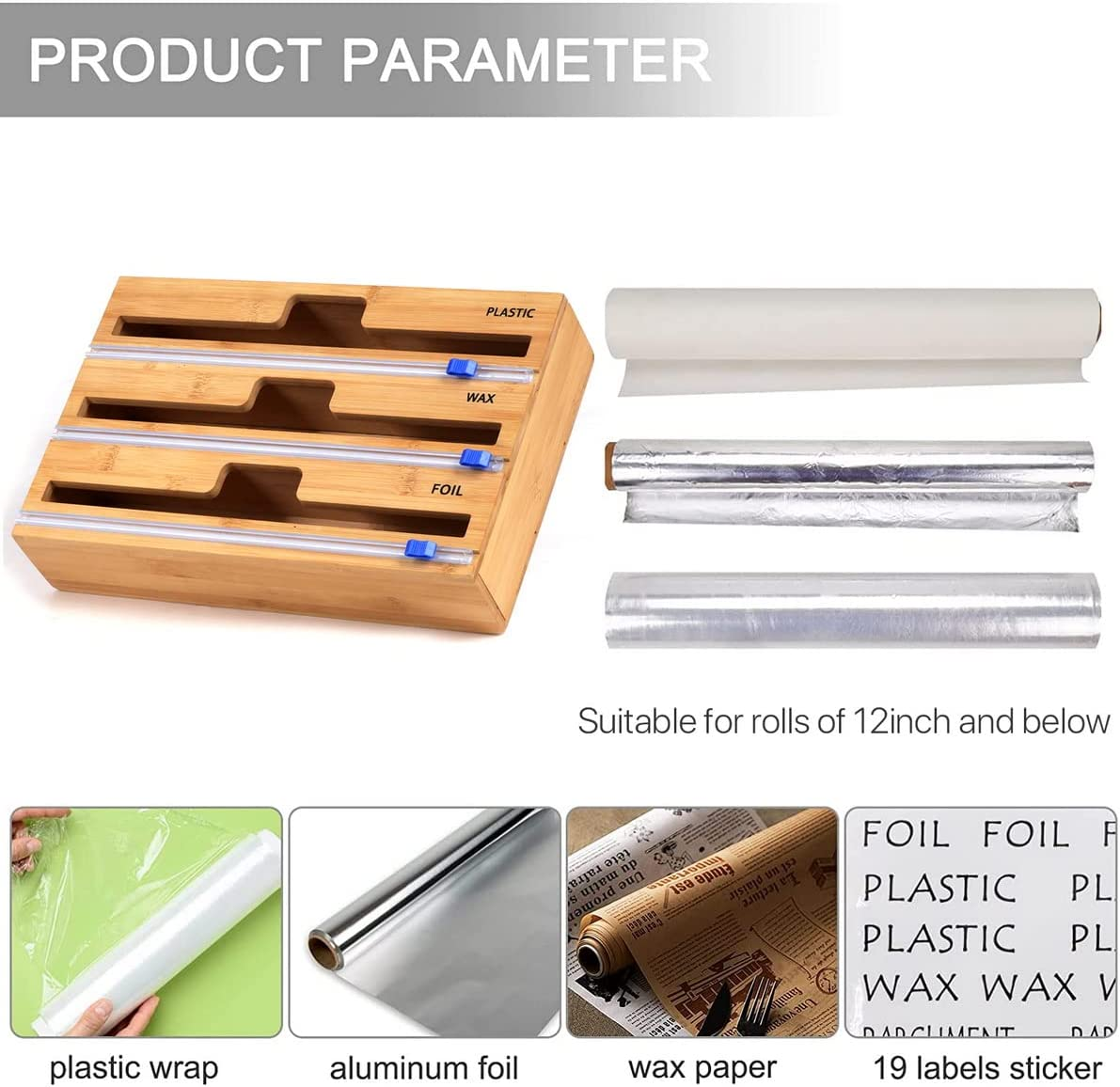 3 in 1 Wrap Dispenser with Cutter, Plastic Wrap, Aluminum Foil and Wax Paper Dispenser for Kitchen Drawer, Bamboo Roll Organizer Holder, Compatible with 12" Roll 2.2" Tall image number 5