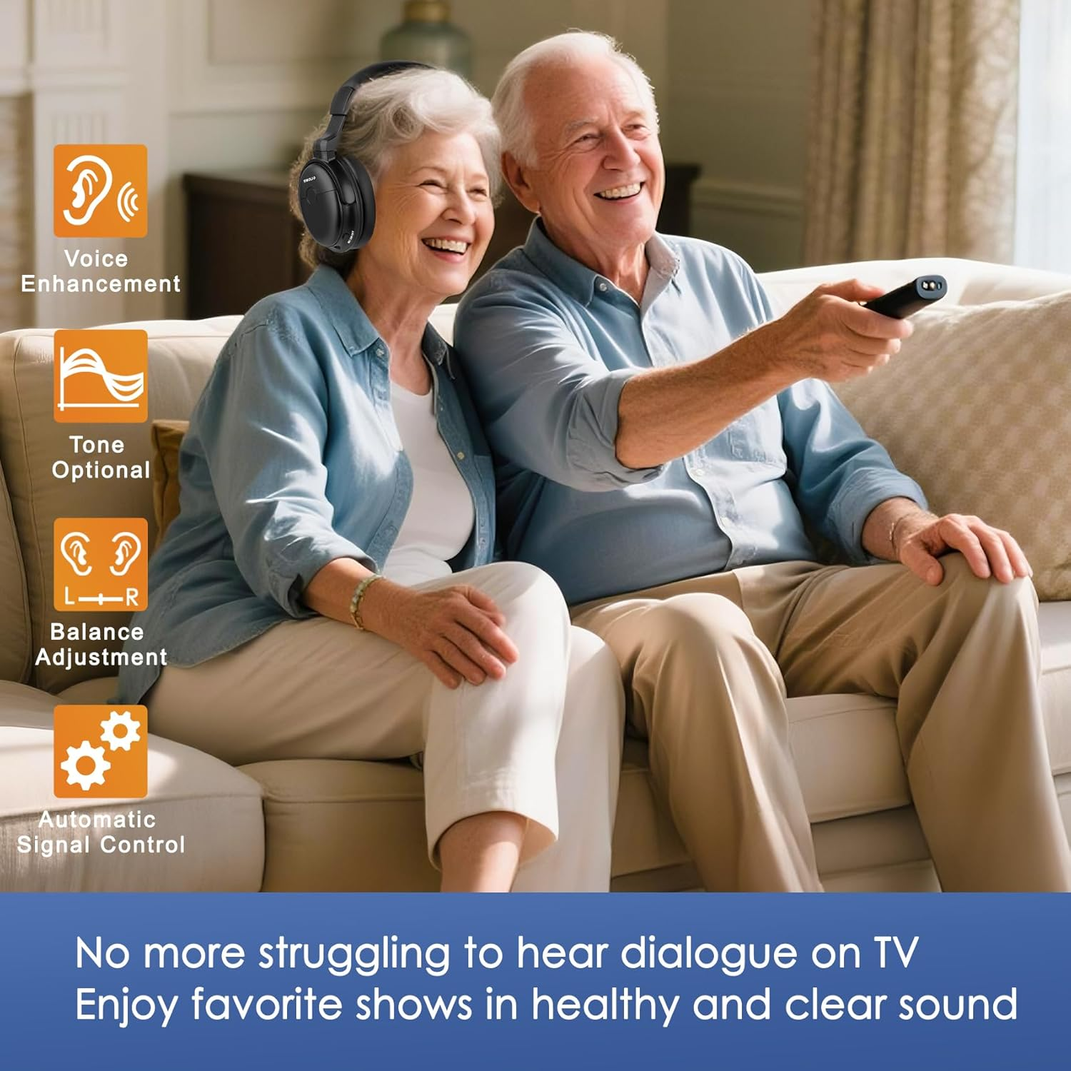 SIMOLIO Wireless Headphones for TV Watching with Transmitter (Digital Optical/Rca/Aux), Enhanced Voice & Spare Battery for Seniors & Hard of Hearing, Balance & Tone Control, No Audio Lag, 100FT Range image number 4