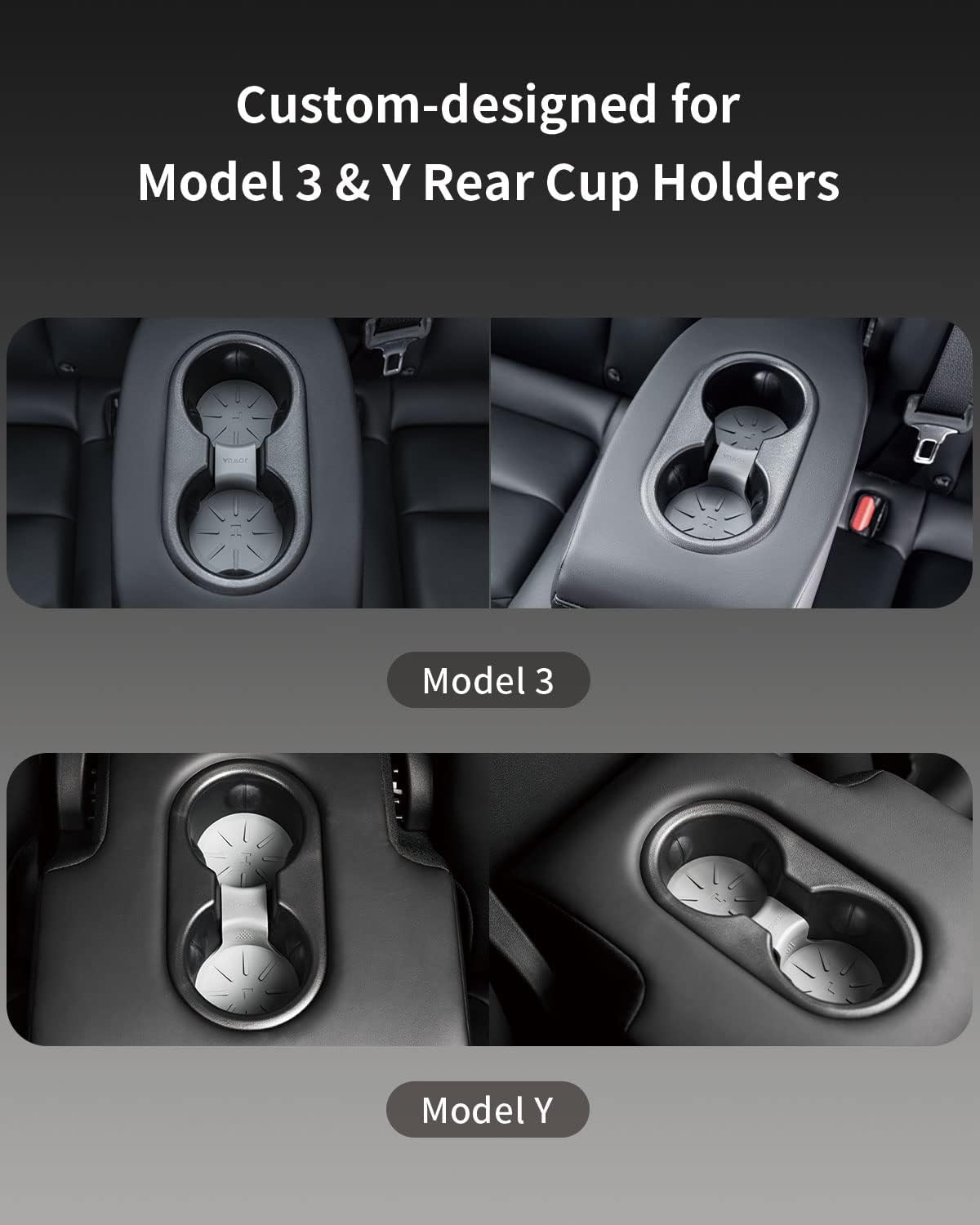 Jowua Center Console Cup Holder for Tesla Model 3/Model Y, Silicone, Washable (Grey, Center Console Cup Holder + Rear Seat Coaster) image number 3