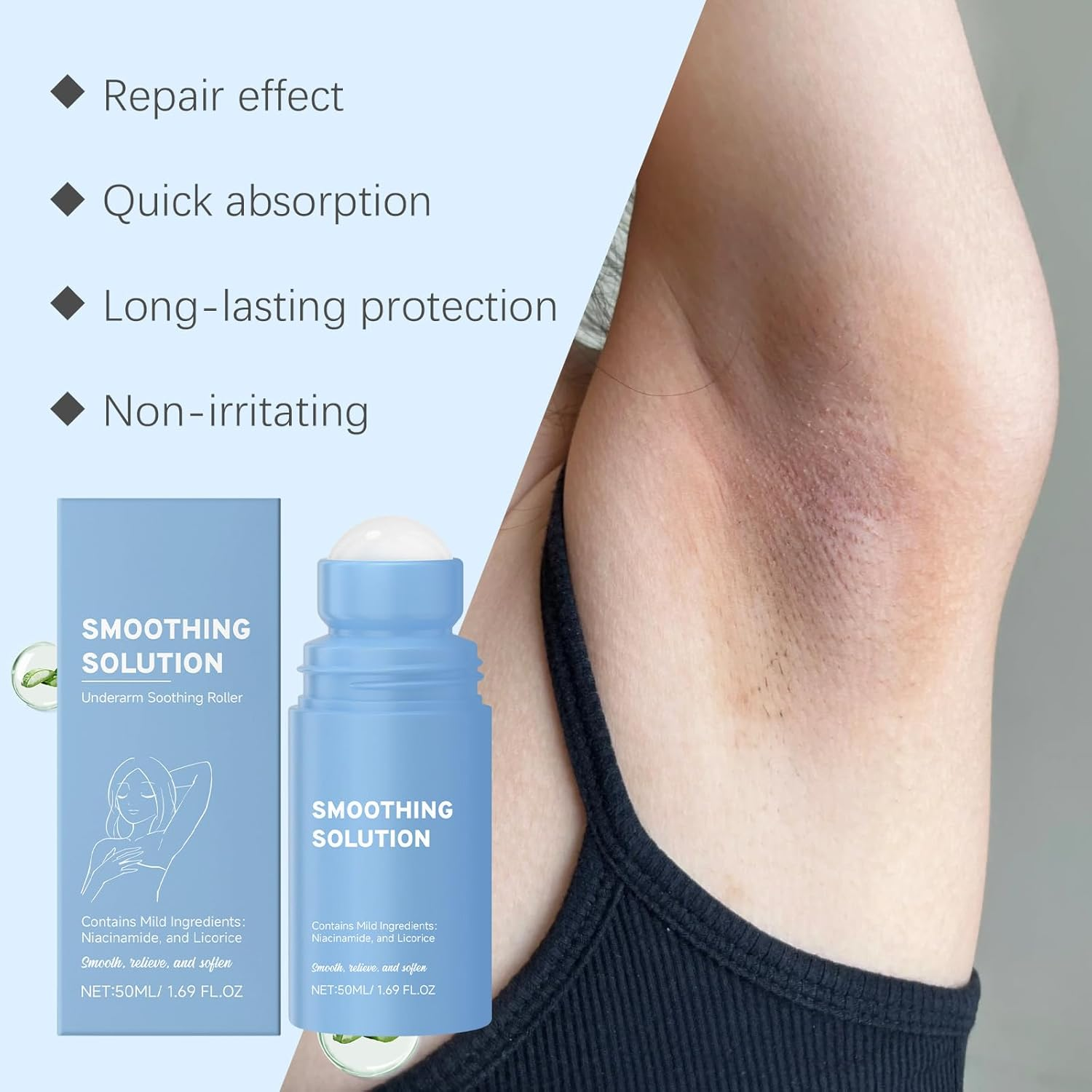Smoothing Solution Ingrown Hair, after Shave Soothing Roll-On Serum for Underarms, Gently Cleanses Armpits Moisturizing and Soothing Skin Serum, after Shave Oil for Women, Brightens Dark Spots (1Pcs) image number 2