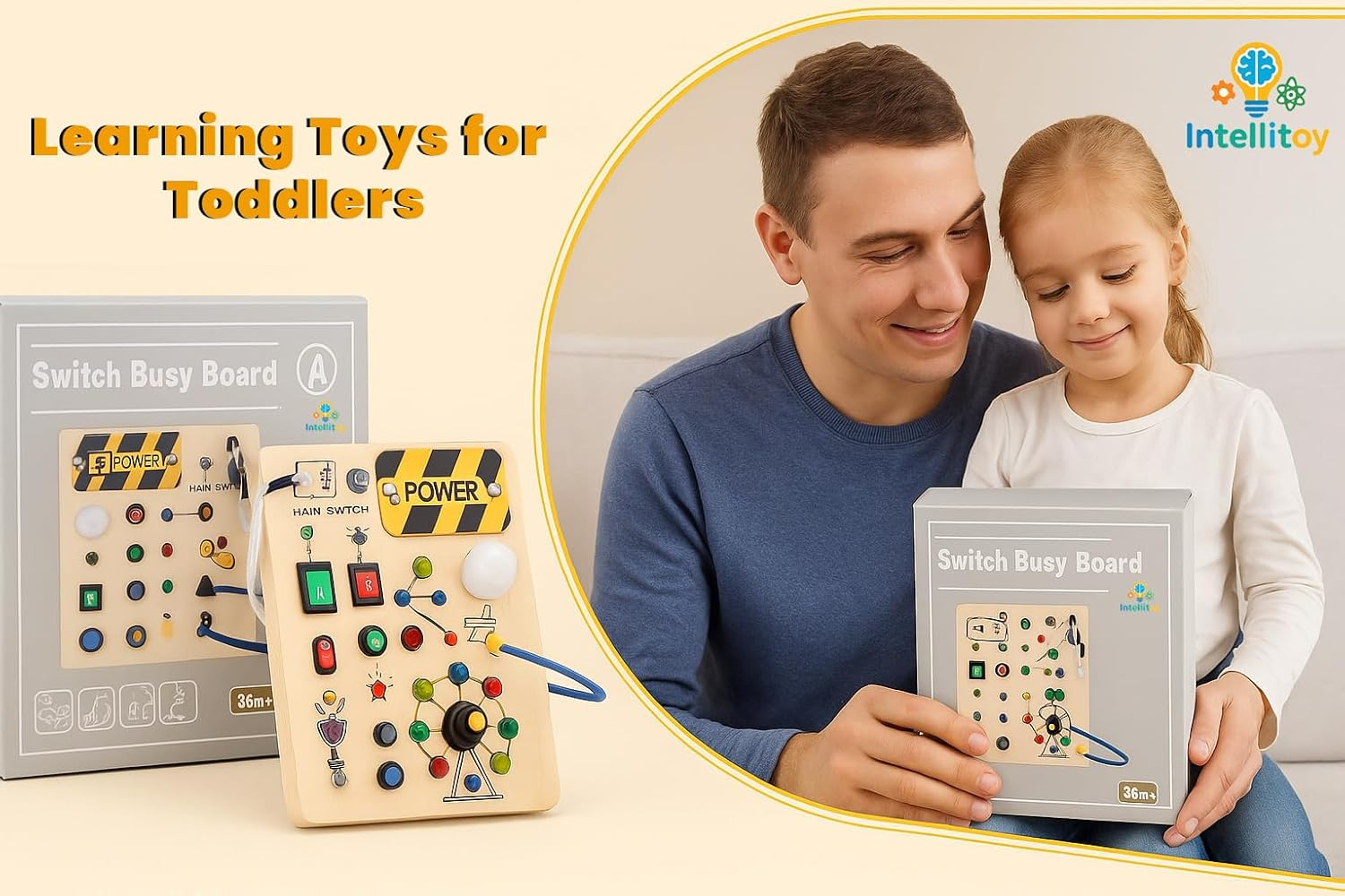 Intellitoy Montessori Busy Board for Toddlers 3+, Wooden Sensory Toddler Toys with LED Lights, Educational Travel Toys for Kids, Fine Motor Skills Learning Toy for Boys & Girls image number 6