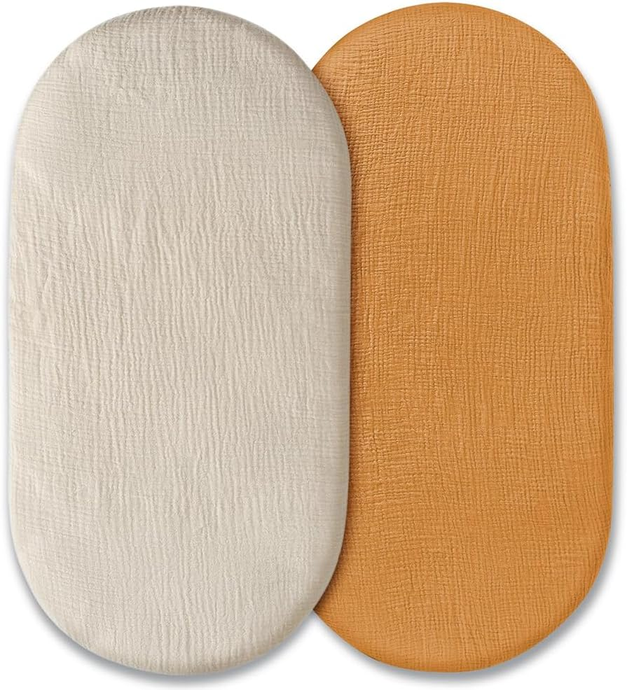 2 Pcs Bassinet Fitted Sheets, Universal Cradle Sheet Set for Rectangle, Oval, or Hourglass Bassinet Pad/Mattress, Soft Breathable Stretchy Baby Pad/Mattress Sheet Set (Yellow and Beige) image number 6