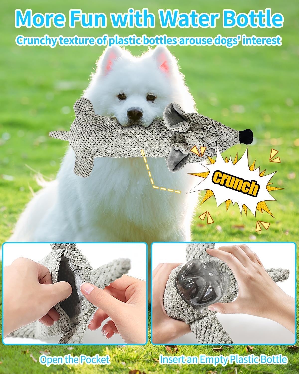 Squeaky Dog Toys with Bottle Pocket, No Stuffing Plush Crinkle Dog Toy for Small Medium Large Dogs, Interactive Puppy Teething Chew Toy&ndash; Water Bottle Not Included(Mouse) image number 6