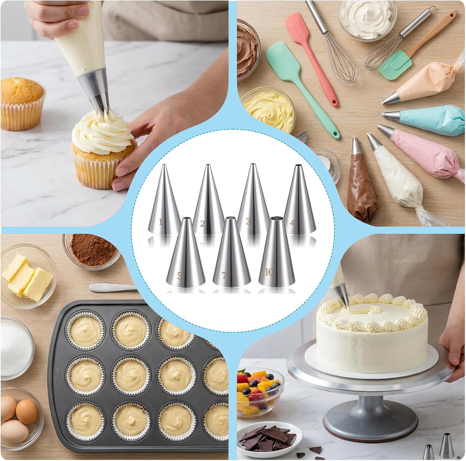 LXUEJIE 7 Pcs round Hole Piping Tips Set, Stainless Steel Cupcake Frosting Nozzles Professional Icing Dispensers Supplies Cake Decorating Tool for Baking Cookies Puff Doughnut Cream Bag Filler image number 1