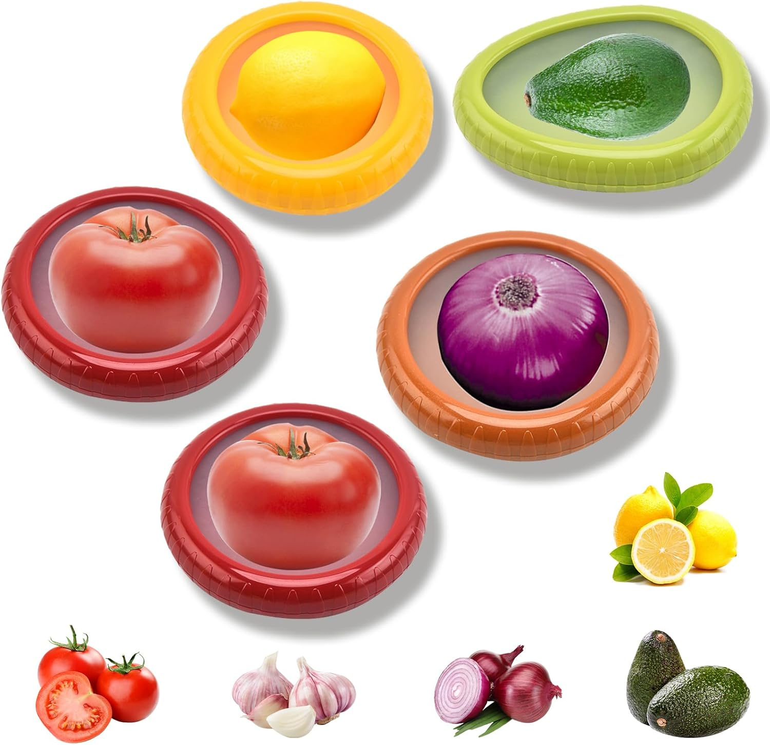 5 Pcs Silicone Fruit and Vegetable Storage Containers for Fridge, Reusable Fresh Stretch Pod Fridge Keep Fresh Stretch Storage Pod with Lid for Garlic Onions Lemons and Potatoes image number 2